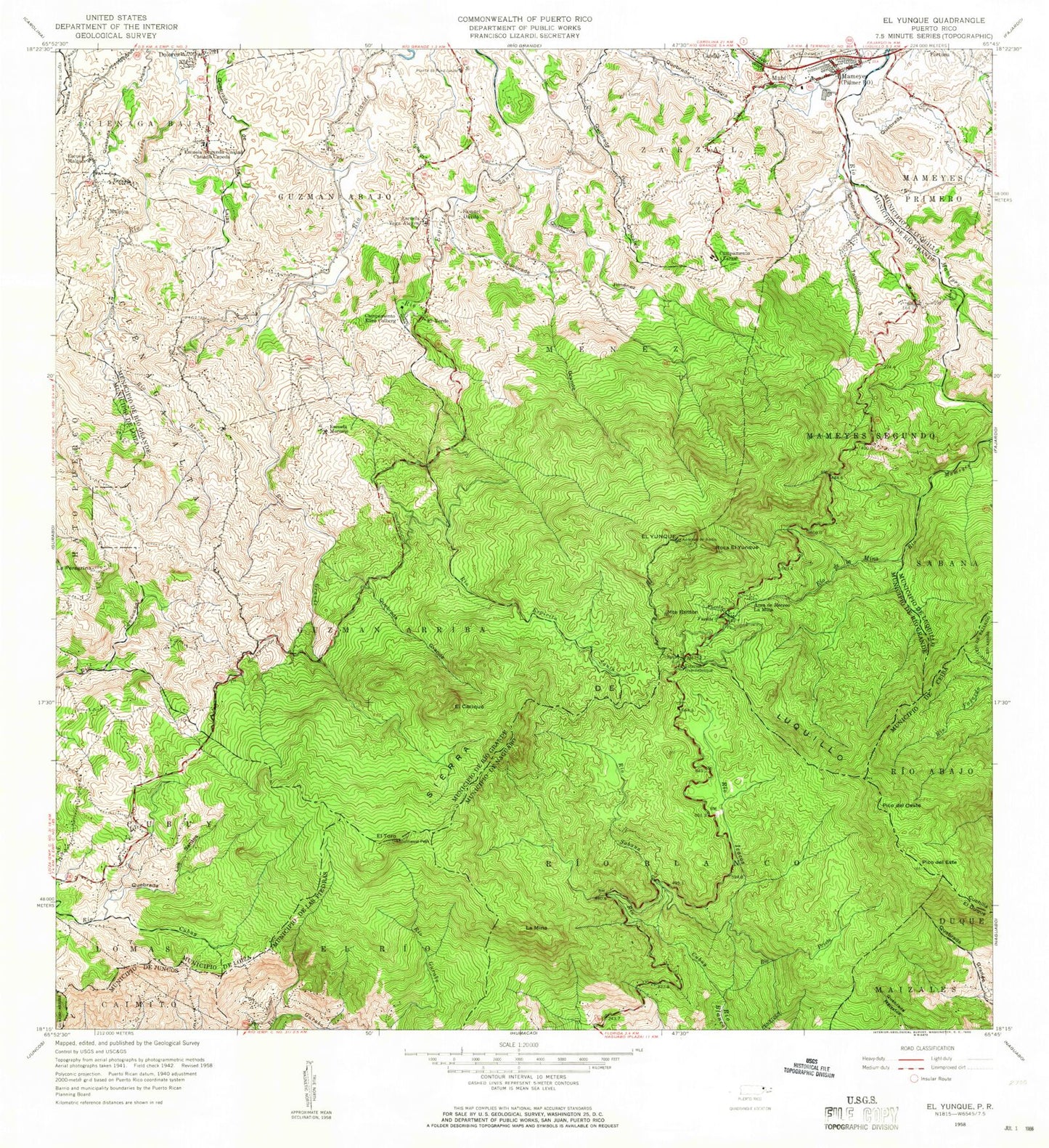 Classic USGS El Yunque Puerto Rico 7.5'x7.5' Topo Map Image