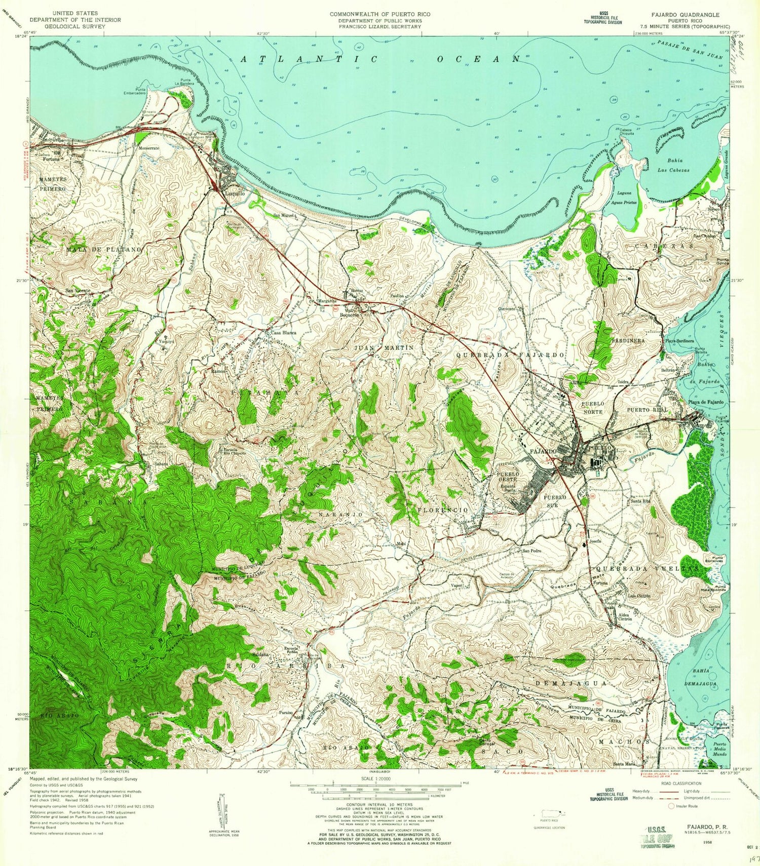 Classic USGS Fajardo Puerto Rico 7.5'x7.5' Topo Map Image