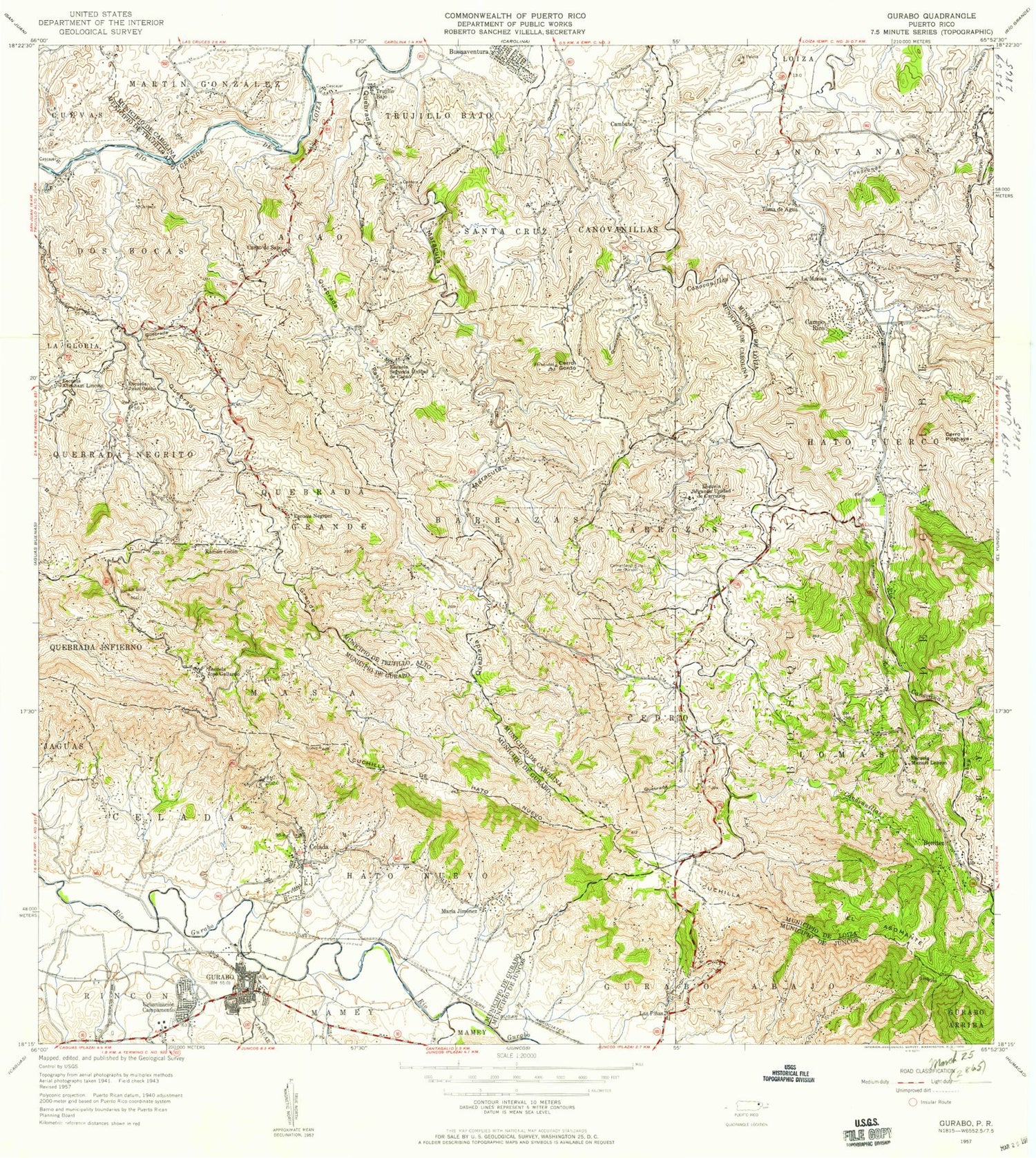 Classic USGS Gurabo Puerto Rico 7.5'x7.5' Topo Map Image