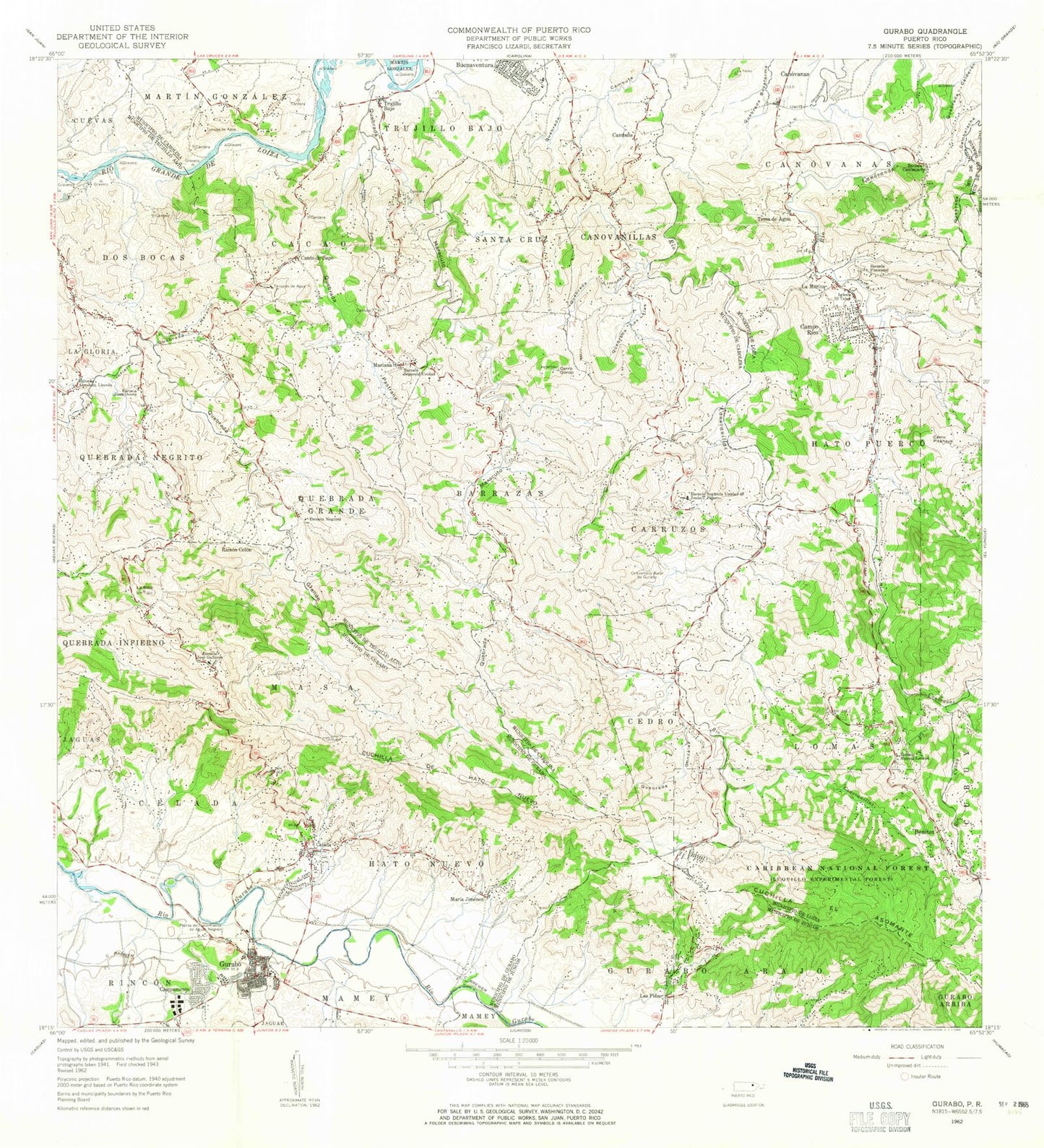 Classic USGS Gurabo Puerto Rico 7.5'x7.5' Topo Map Image