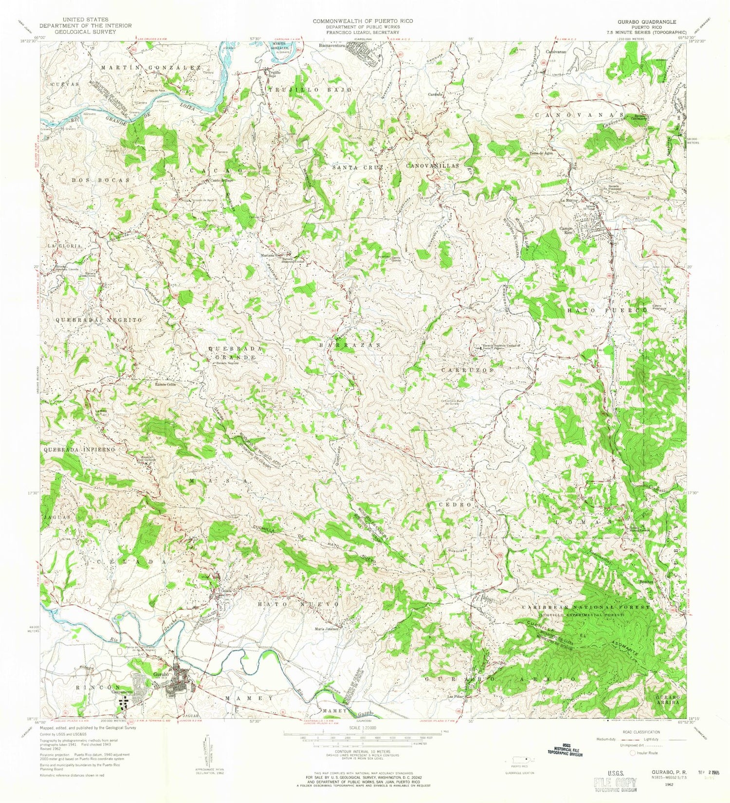 Classic USGS Gurabo Puerto Rico 7.5'x7.5' Topo Map Image