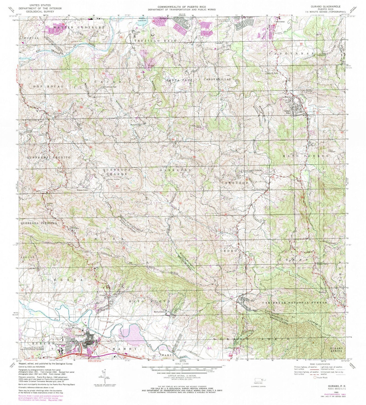 Classic USGS Gurabo Puerto Rico 7.5'x7.5' Topo Map Image