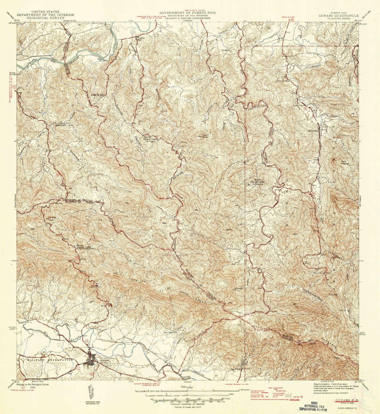 Classic USGS Gurabo Puerto Rico 7.5'x7.5' Topo Map Image