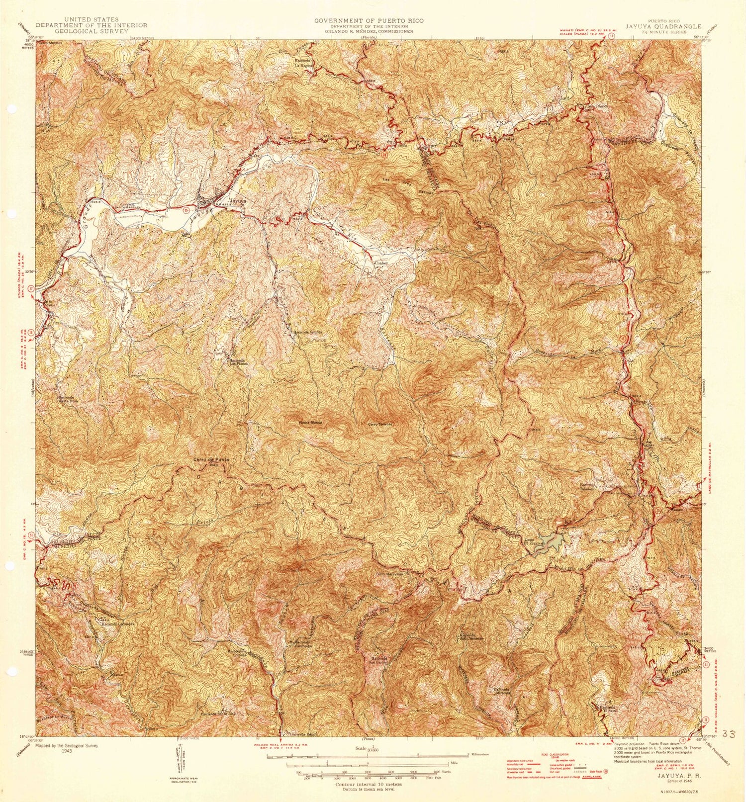 Classic USGS Jayuya Puerto Rico 7.5'x7.5' Topo Map Image