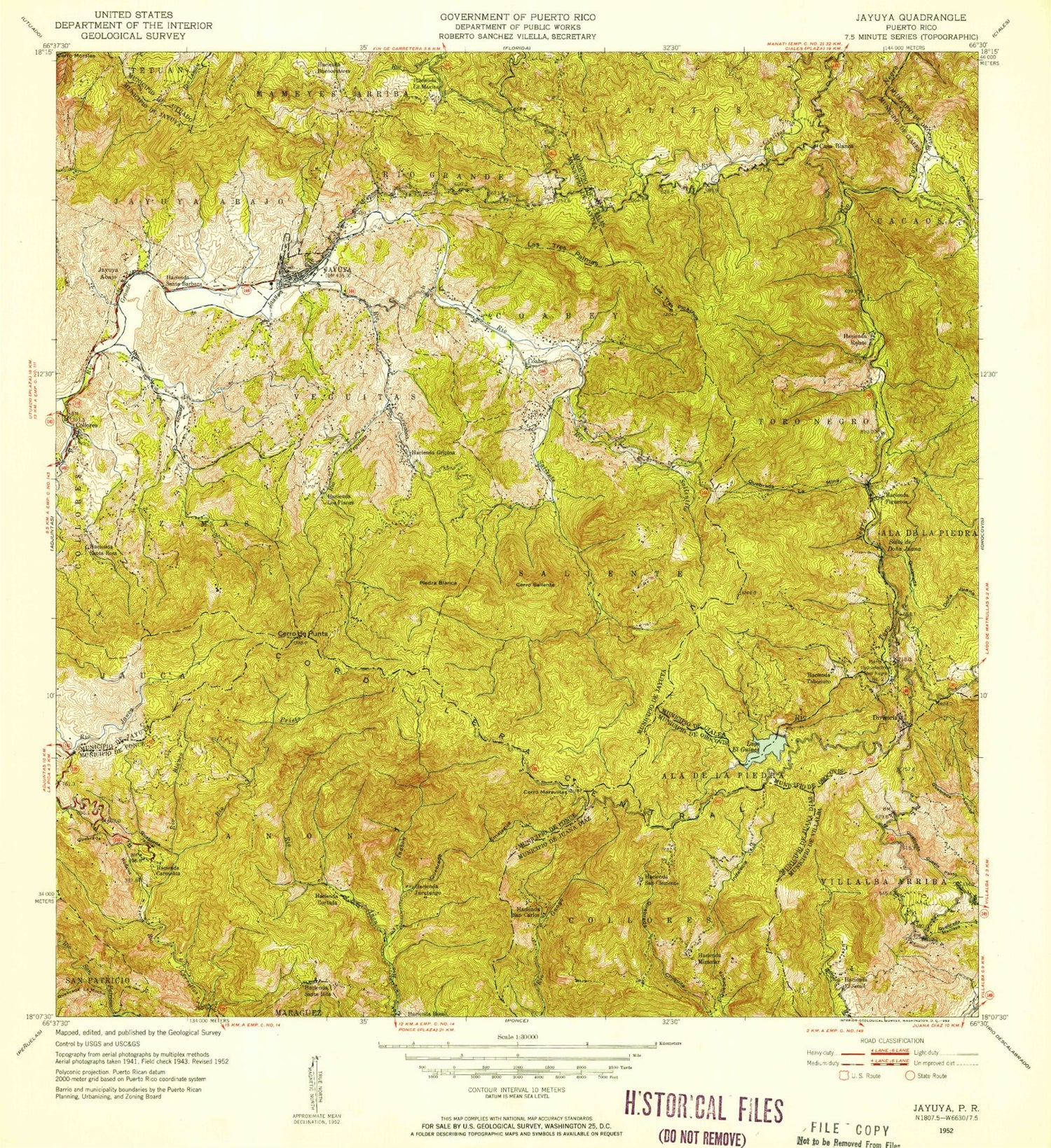 Classic USGS Jayuya Puerto Rico 7.5'x7.5' Topo Map Image