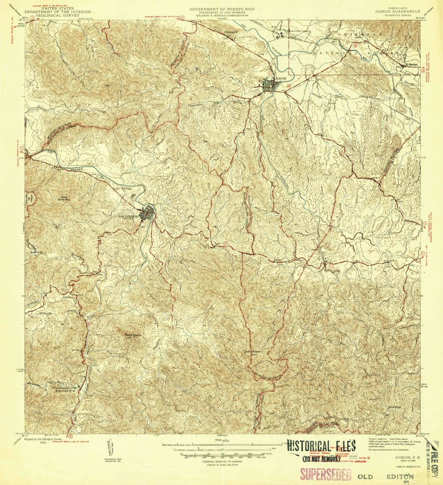 Classic USGS Juncos Puerto Rico 7.5'x7.5' Topo Map Image
