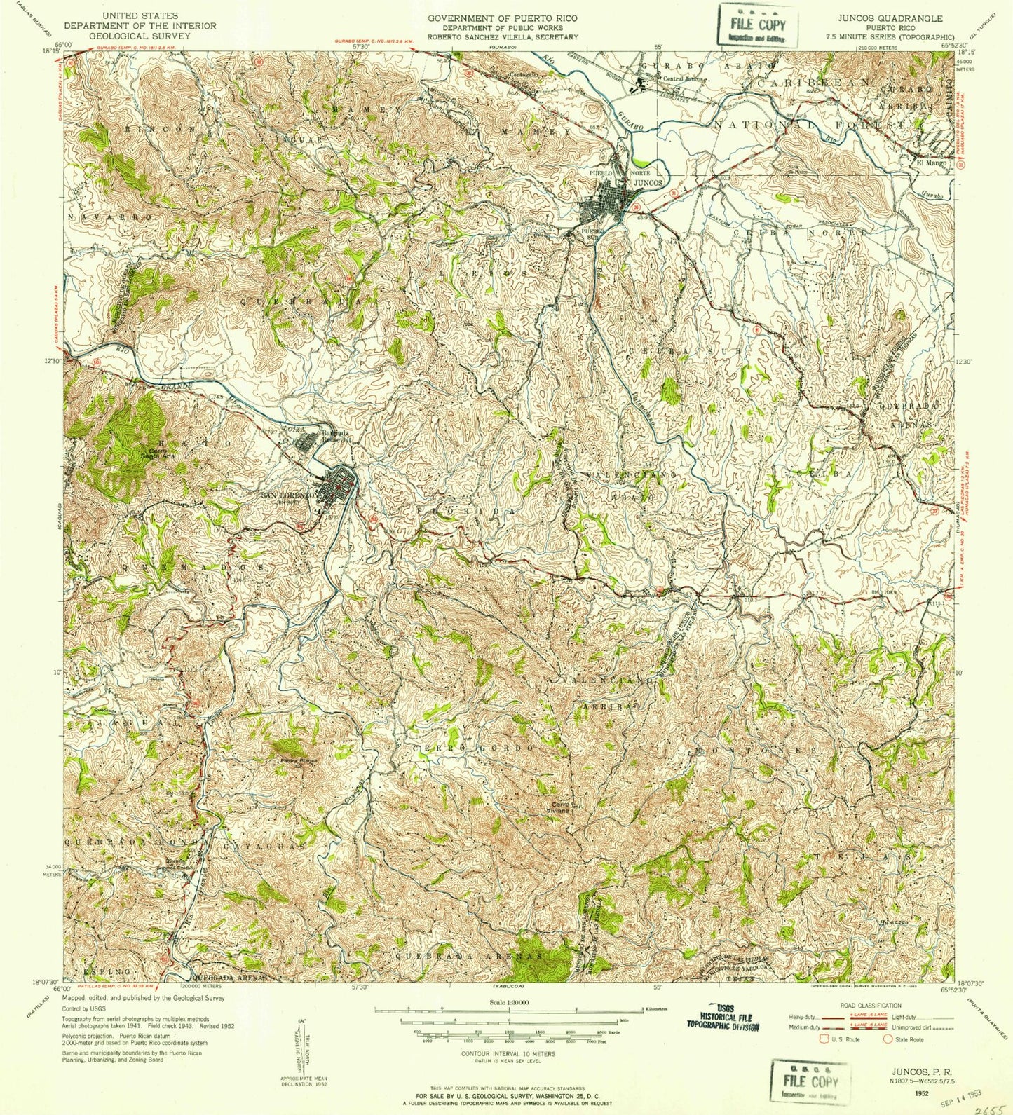 Classic USGS Juncos Puerto Rico 7.5'x7.5' Topo Map Image
