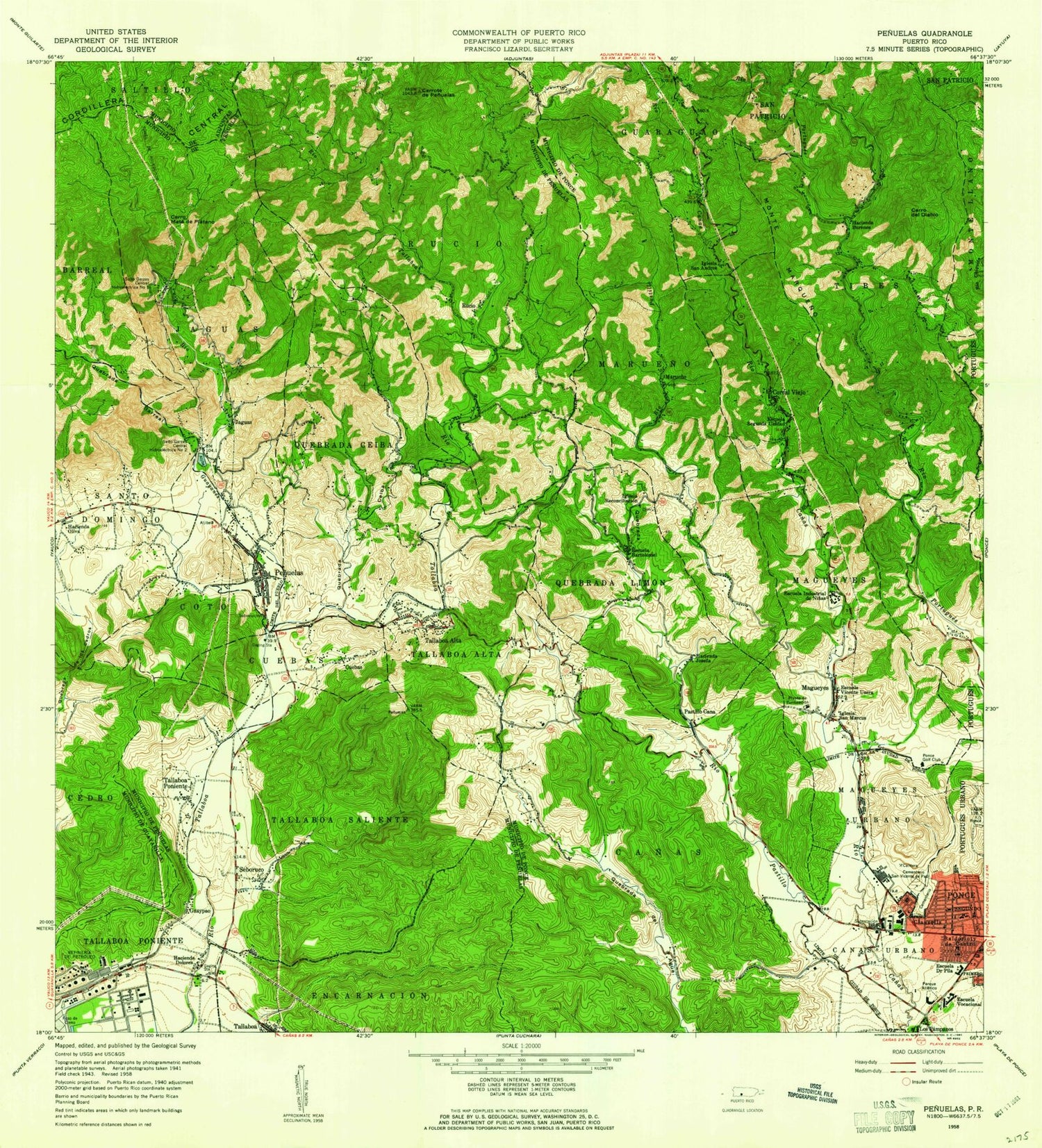 Classic USGS Penuelas Puerto Rico 7.5'x7.5' Topo Map Image
