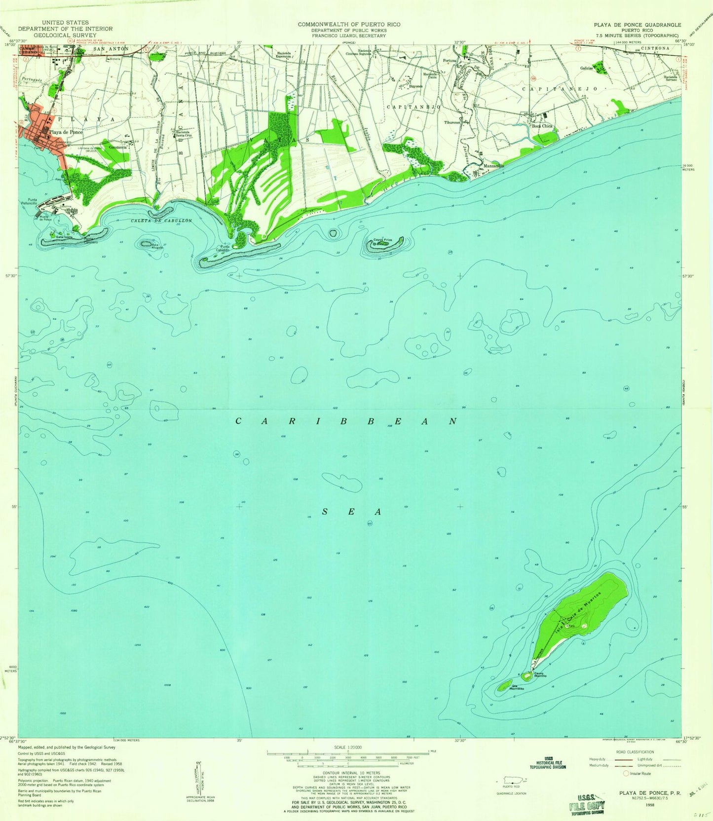 Classic USGS Playa De Ponce Puerto Rico 7.5'x7.5' Topo Map Image