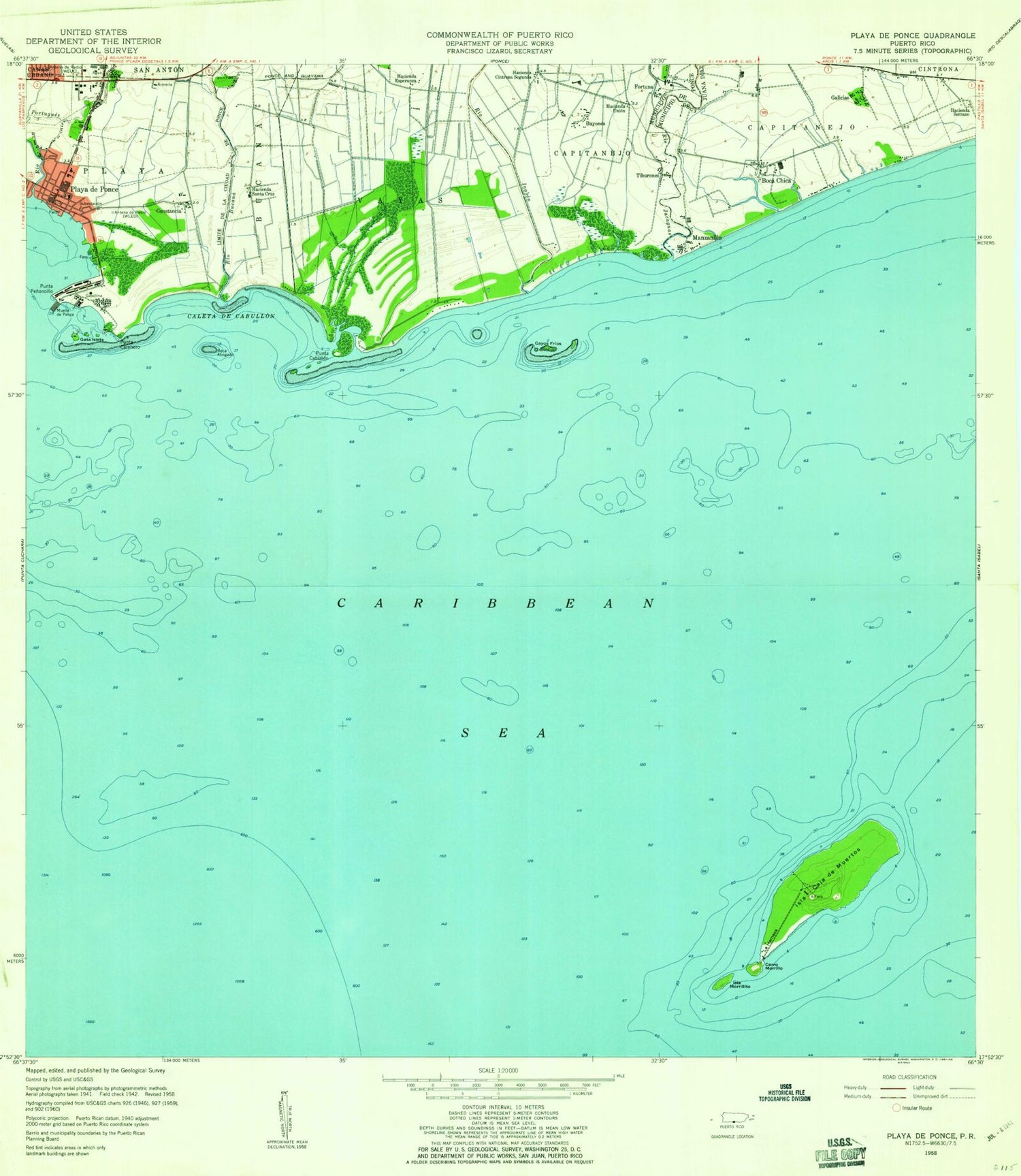Classic USGS Playa De Ponce Puerto Rico 7.5'x7.5' Topo Map Image