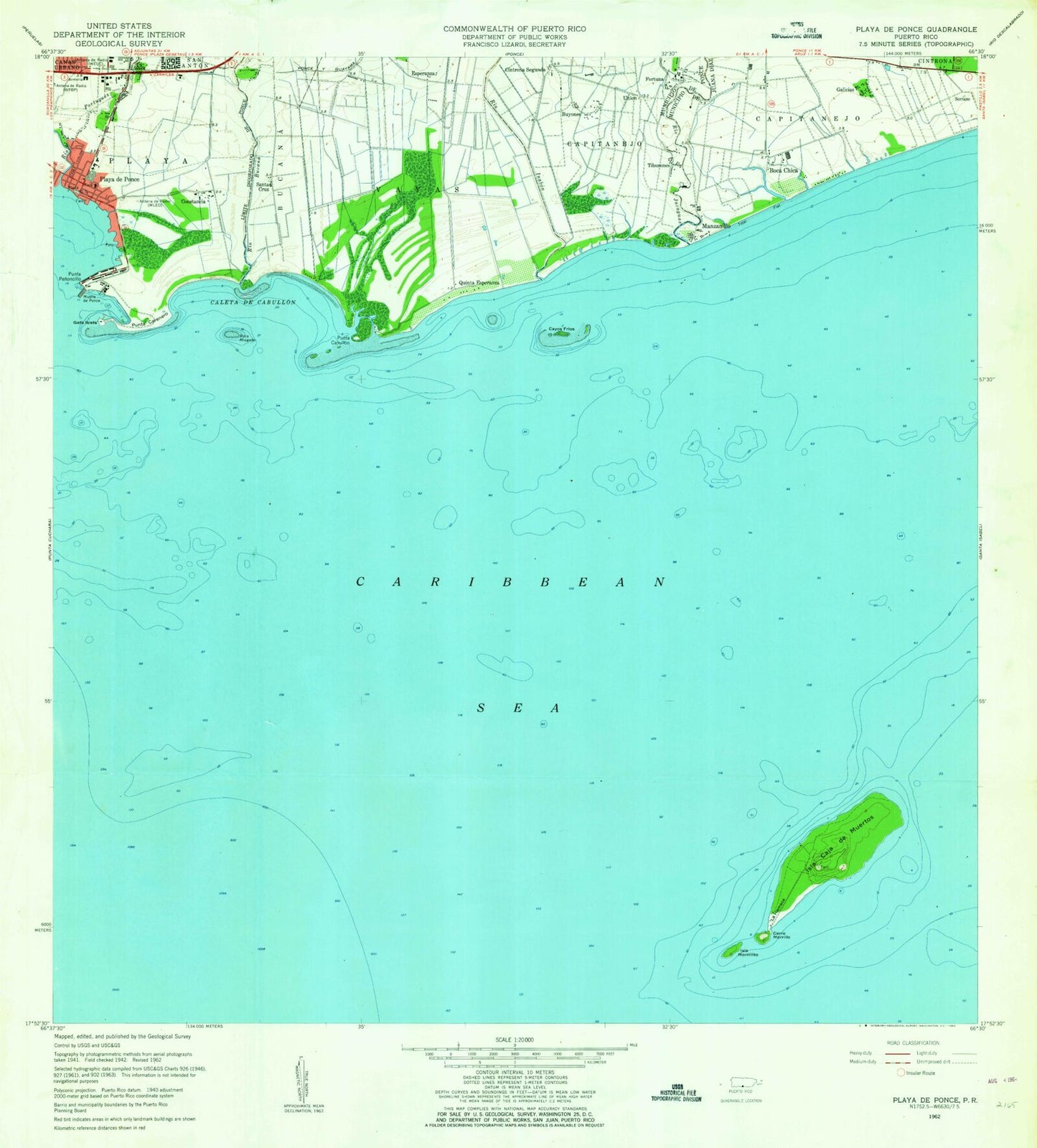 Classic USGS Playa De Ponce Puerto Rico 7.5'x7.5' Topo Map Image