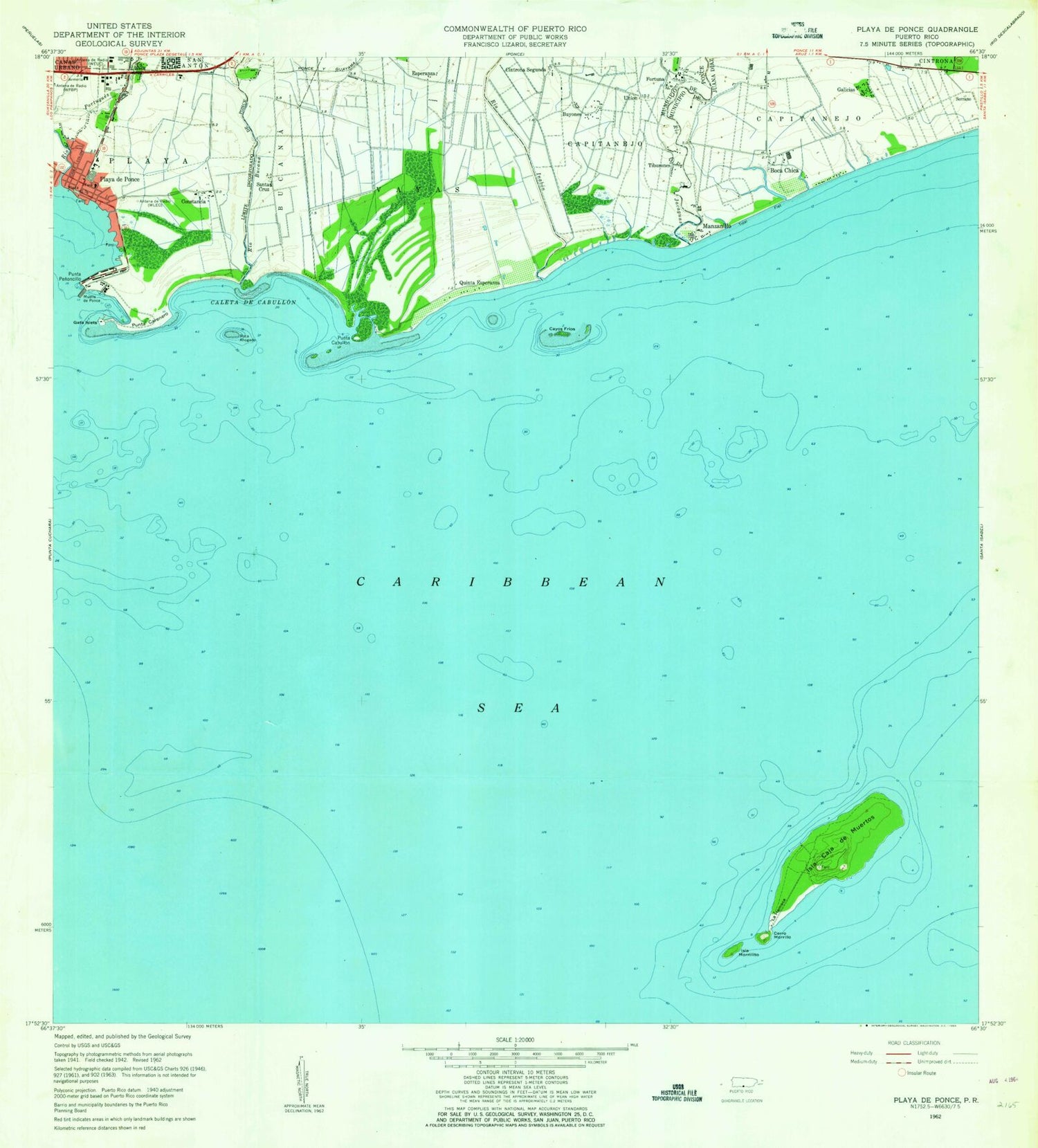 Classic USGS Playa De Ponce Puerto Rico 7.5'x7.5' Topo Map Image