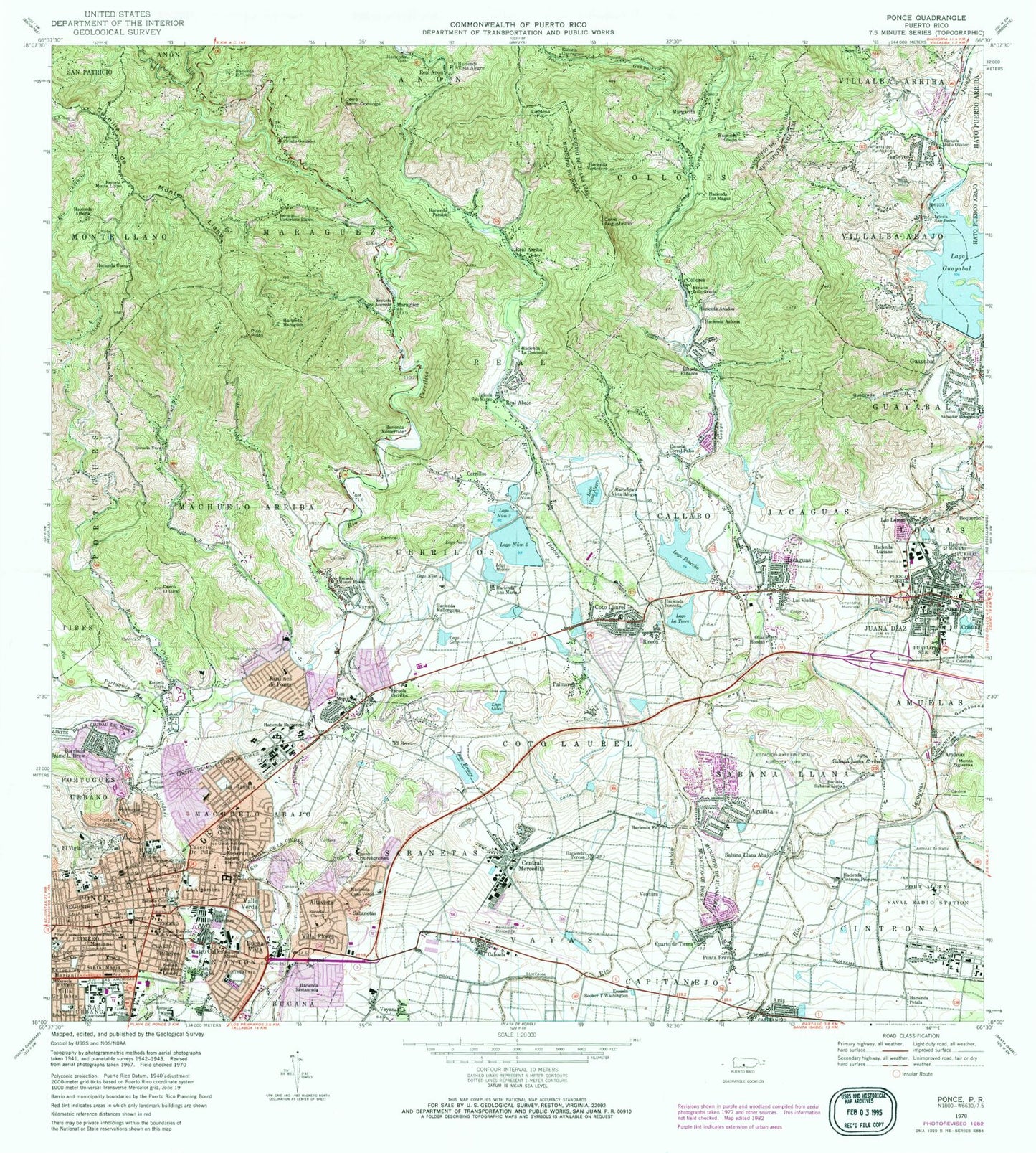 Classic USGS Ponce Puerto Rico 7.5'x7.5' Topo Map Image