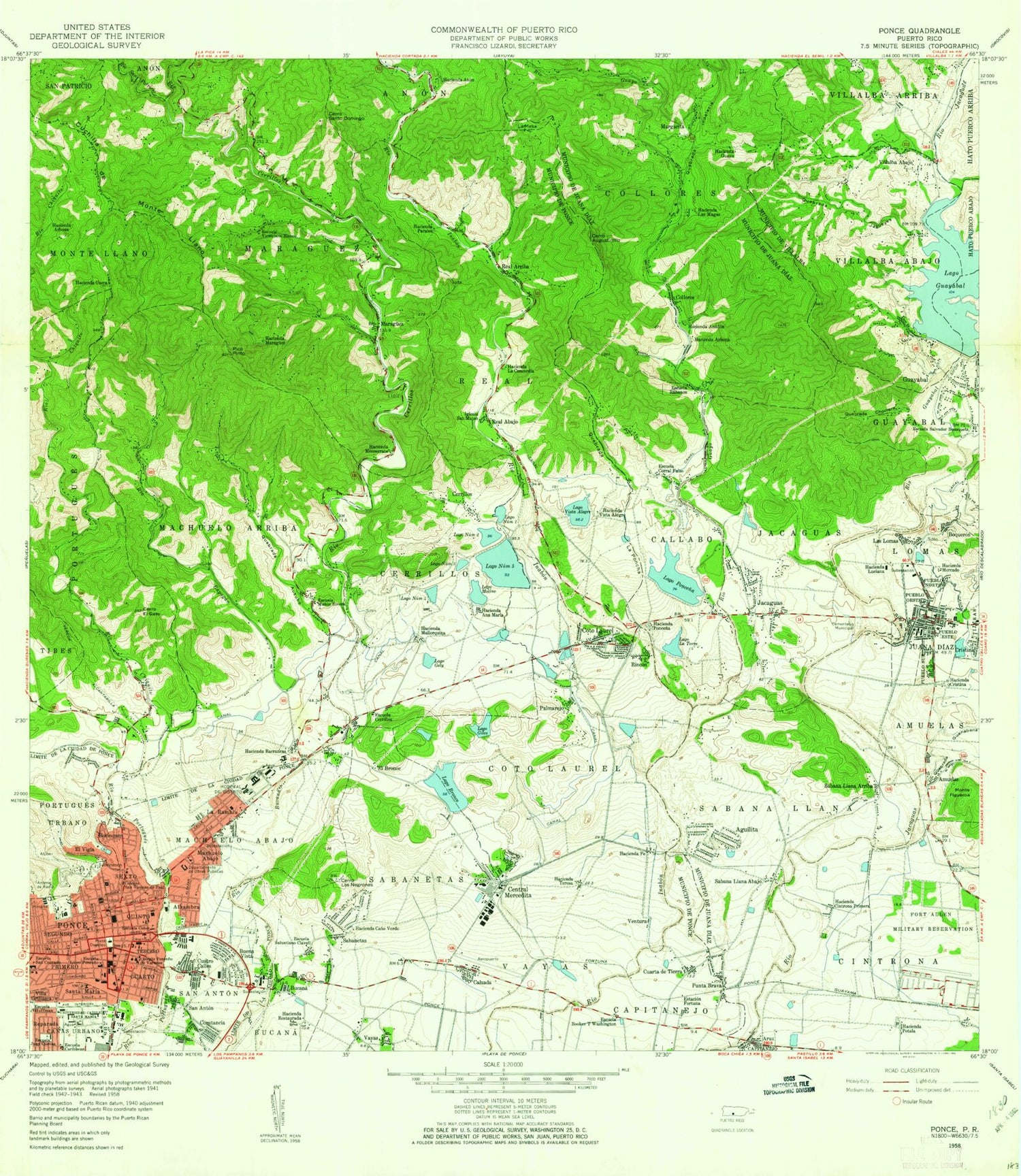 Classic USGS Ponce Puerto Rico 7.5'x7.5' Topo Map Image