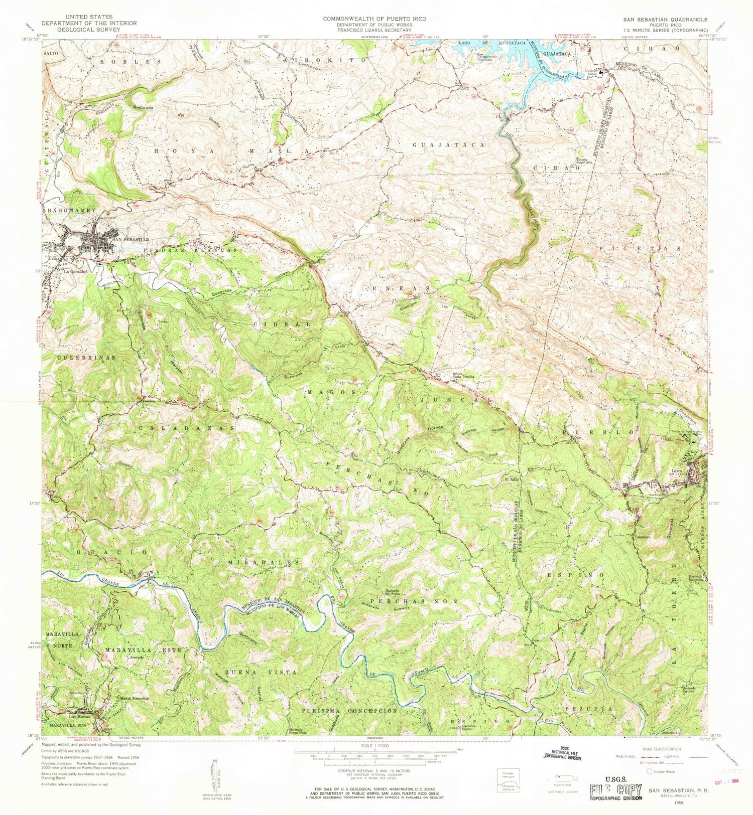 Classic USGS San Sebastian Puerto Rico 7.5'x7.5' Topo Map Image