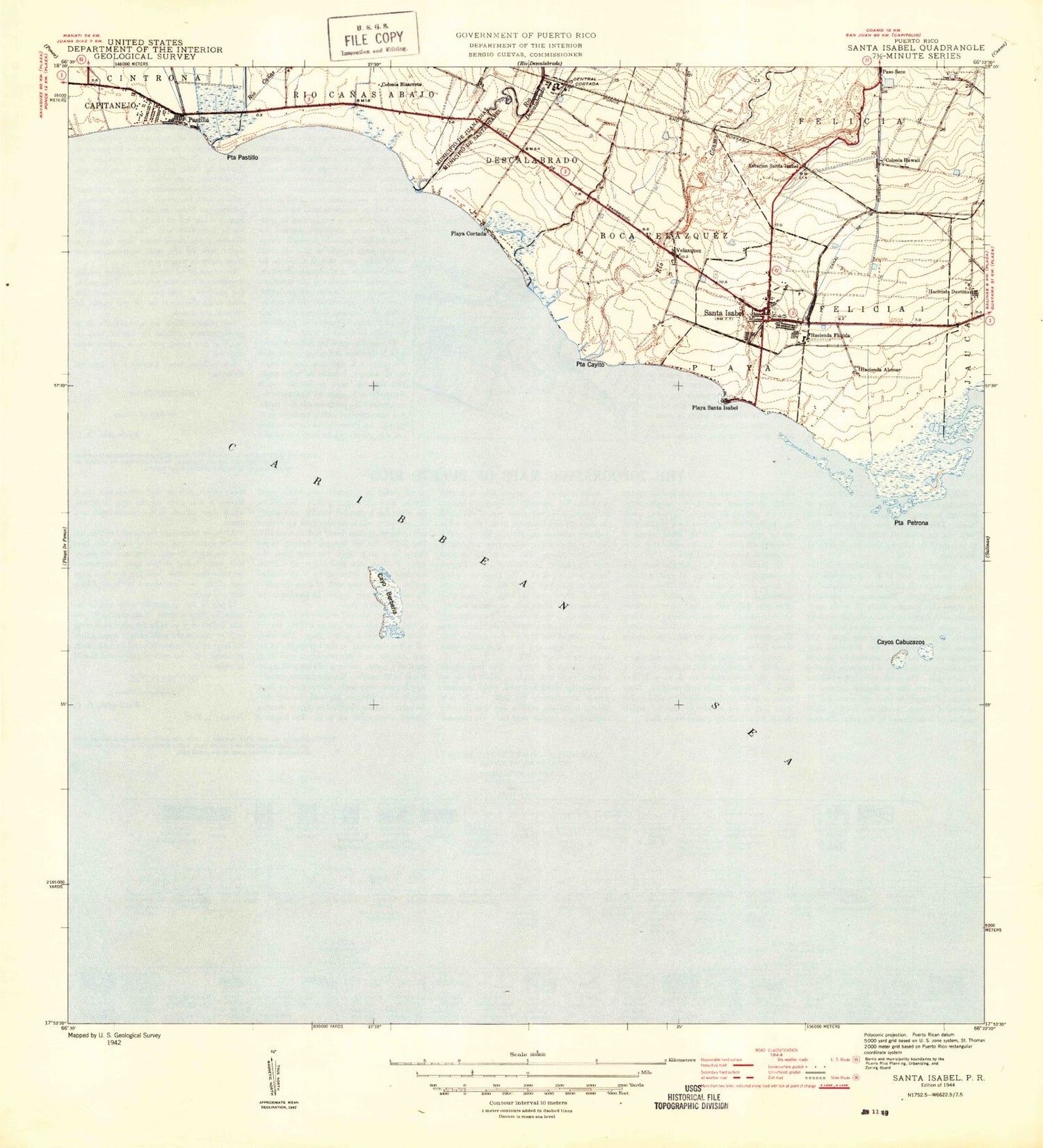 Classic USGS Santa Isabel Puerto Rico 7.5'x7.5' Topo Map Image