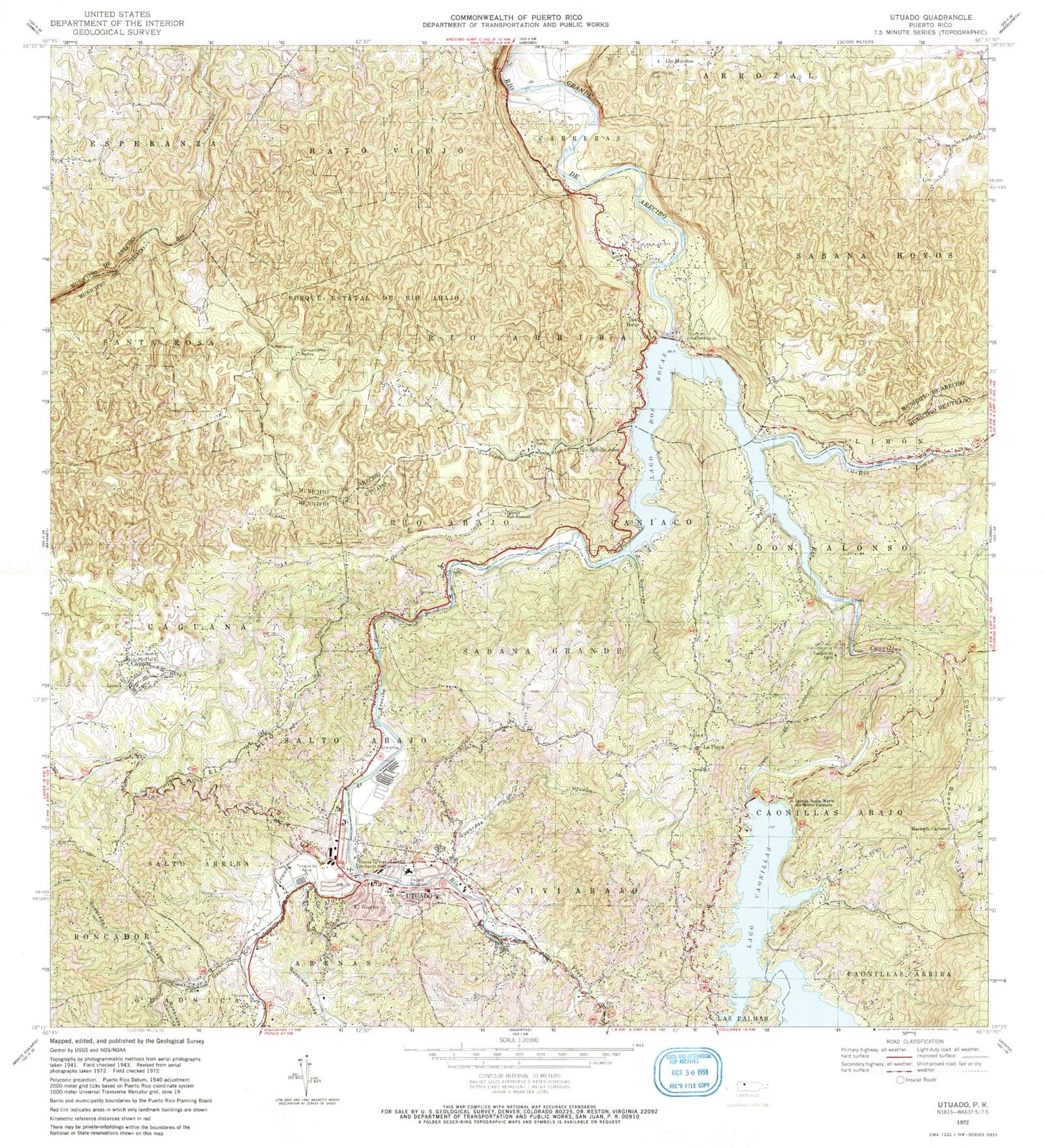 Classic USGS Utuado Puerto Rico 7.5'x7.5' Topo Map Image