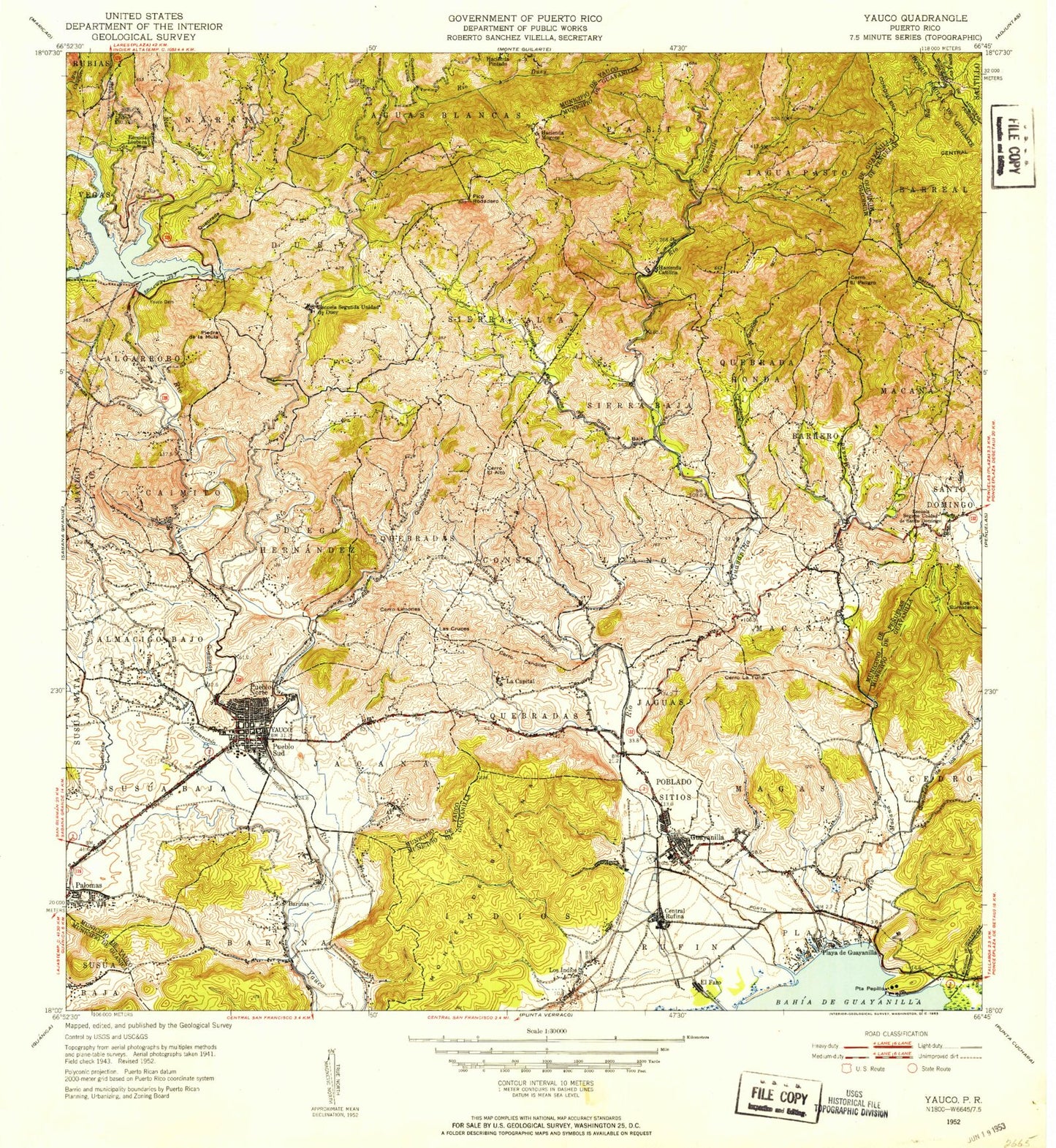 Classic USGS Yauco Puerto Rico 7.5'x7.5' Topo Map Image