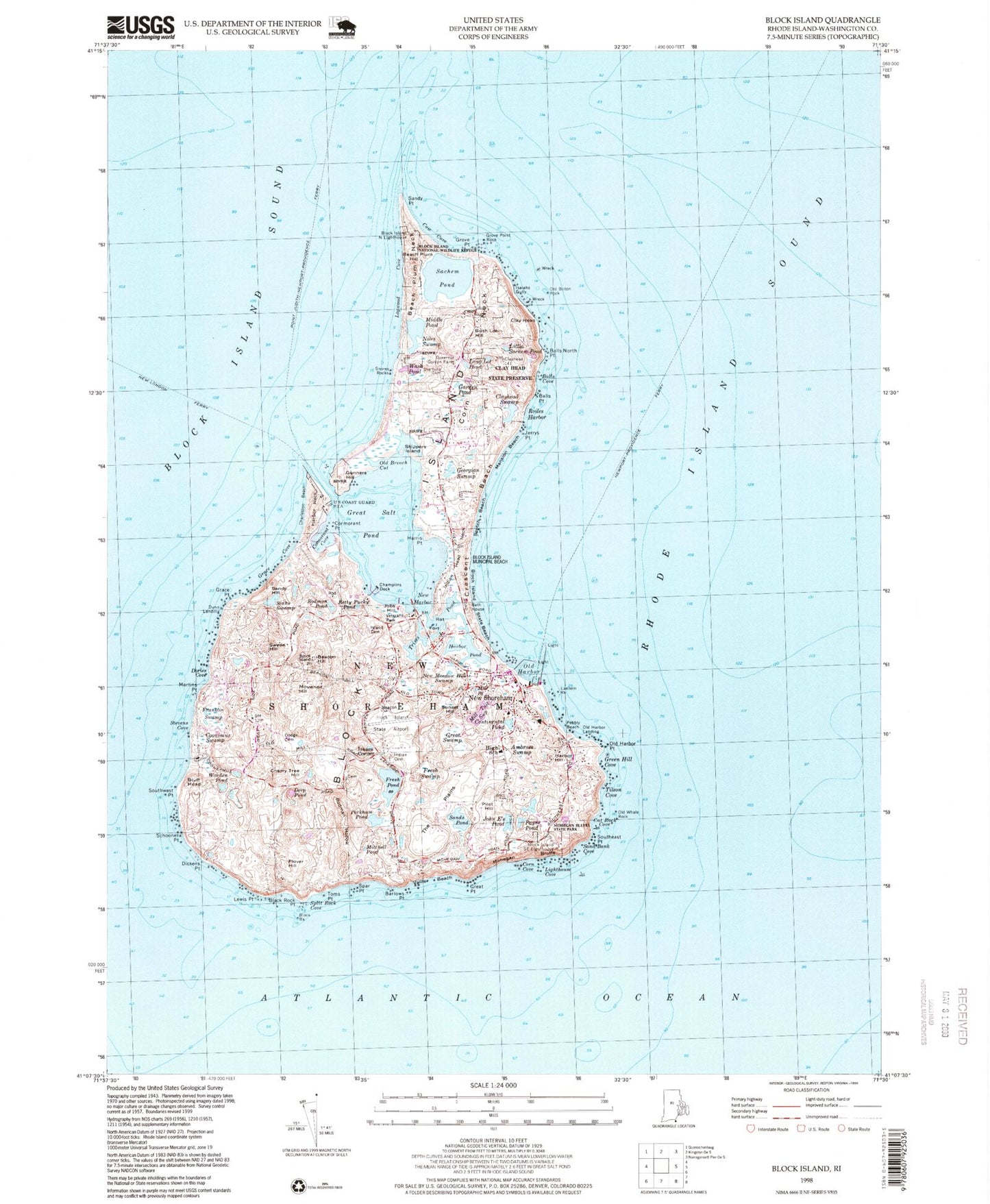 Classic USGS Block Island Rhode Island 7.5'x7.5' Topo Map Image