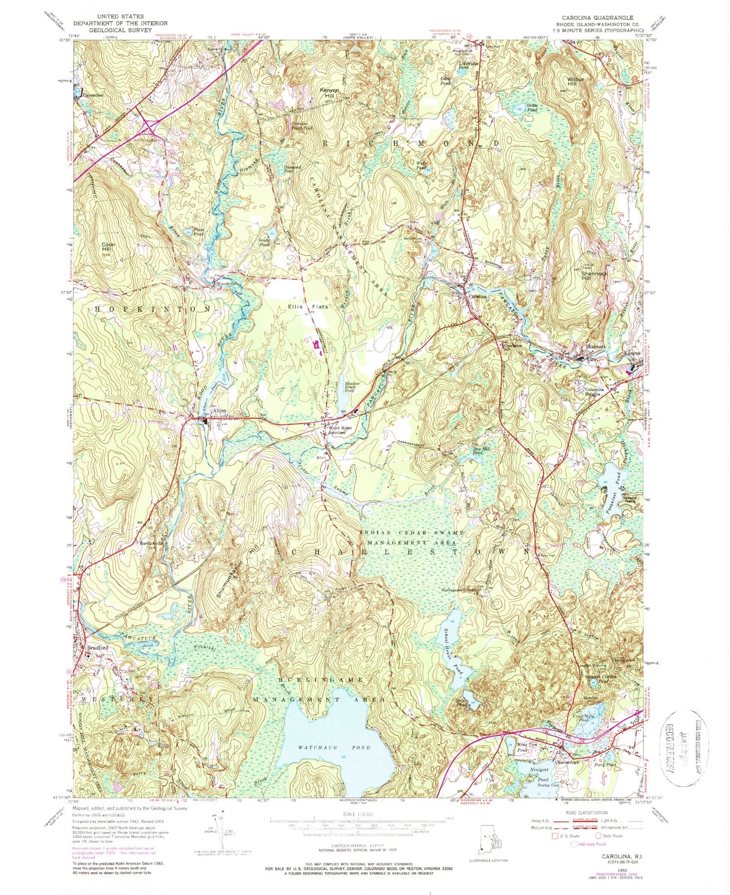 Classic USGS Carolina Rhode Island 7.5'x7.5' Topo Map Image