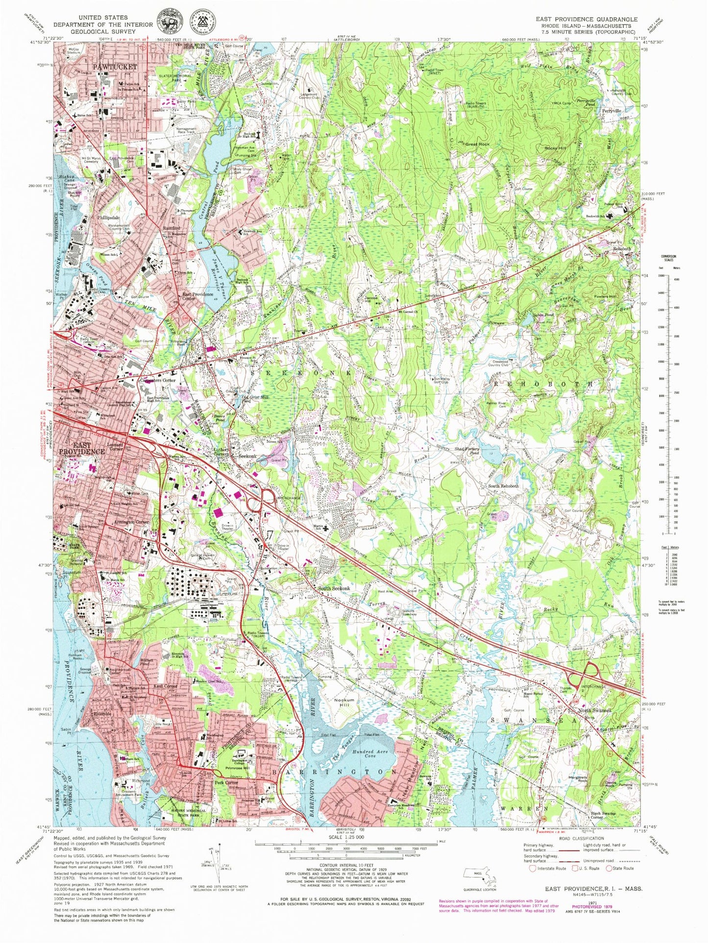 Classic USGS East Providence Rhode Island 7.5'x7.5' Topo Map Image