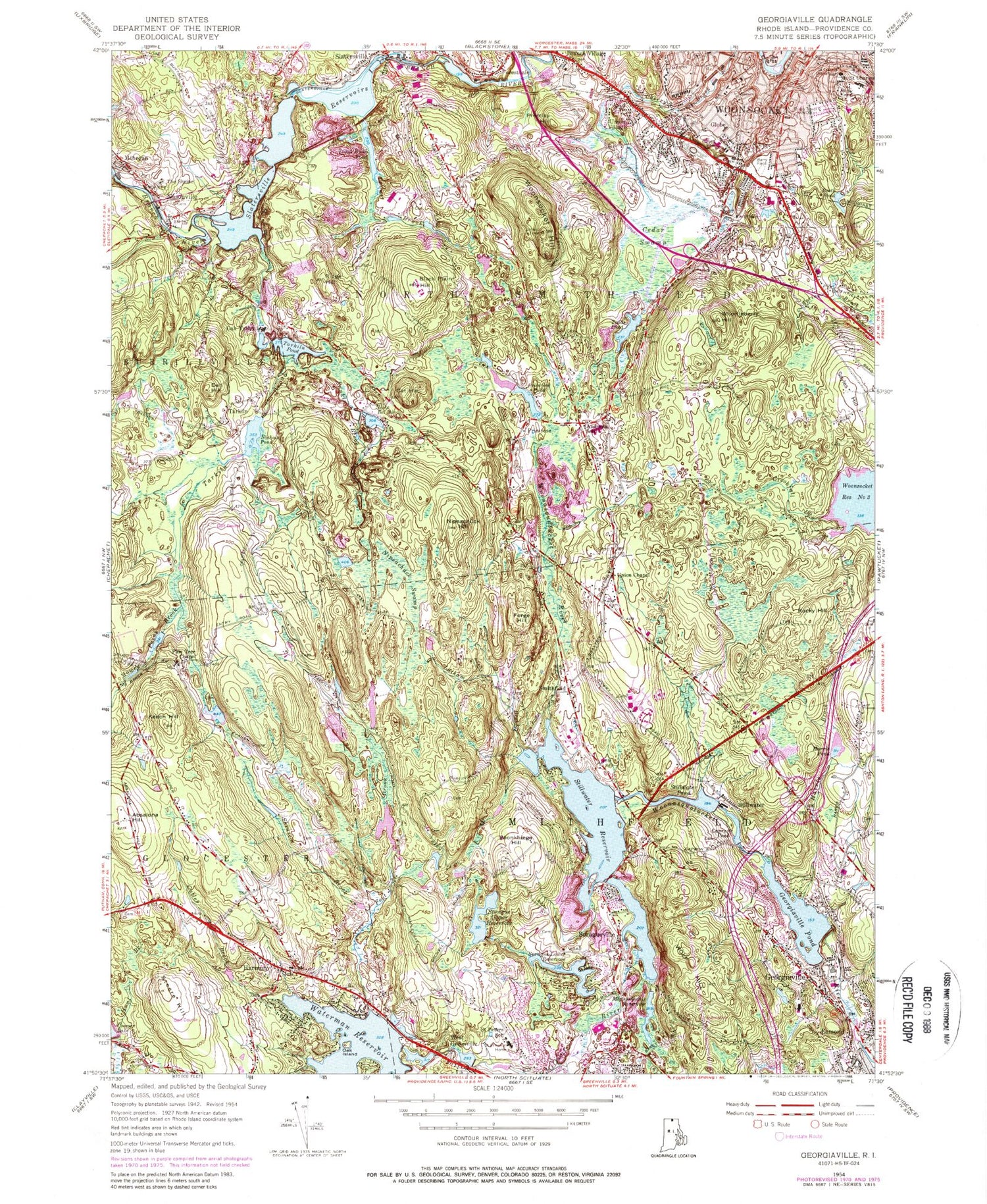 Classic USGS Georgiaville Rhode Island 7.5'x7.5' Topo Map Image