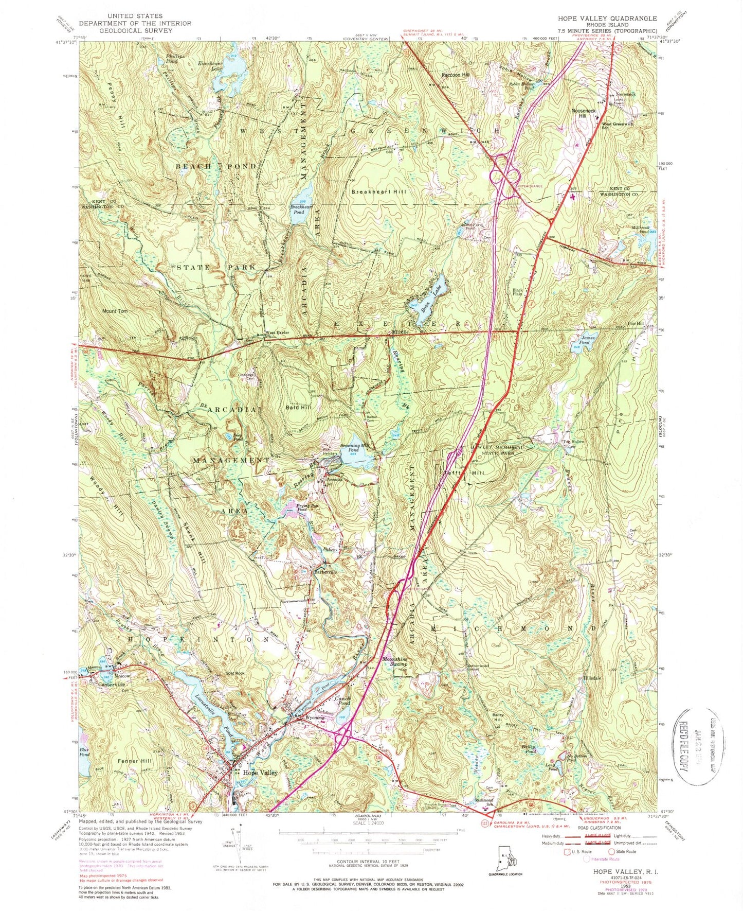 Classic USGS Hope Valley Rhode Island 7.5'x7.5' Topo Map Image