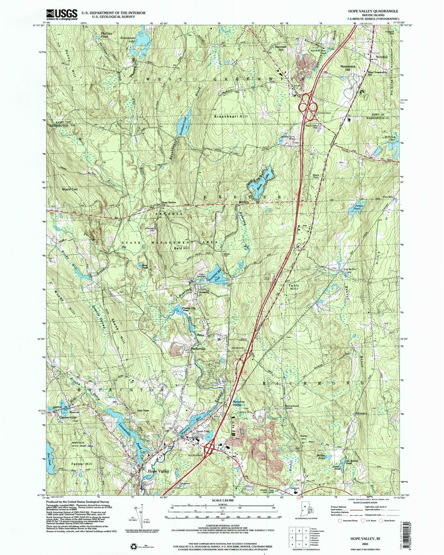 Classic USGS Hope Valley Rhode Island 7.5'x7.5' Topo Map Image
