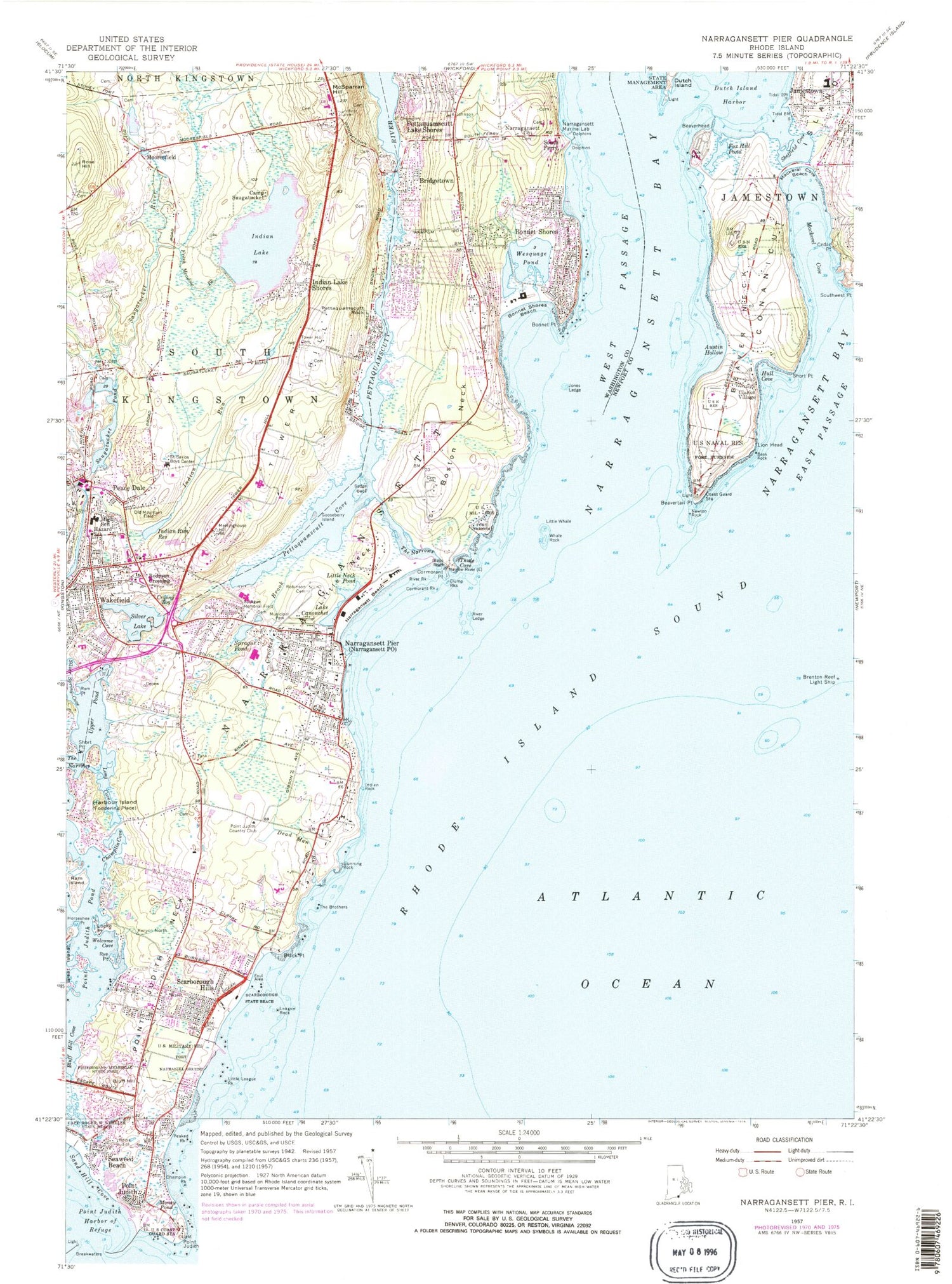 Classic USGS Narragansett Pier Rhode Island 7.5'x7.5' Topo Map Image