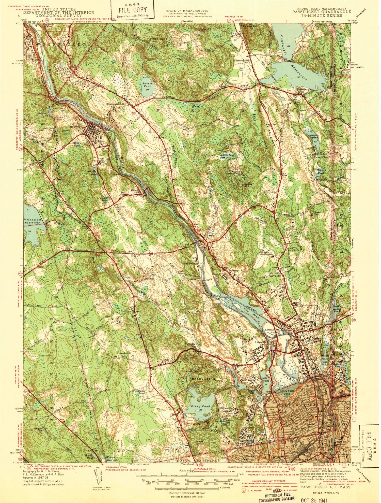 Classic USGS Pawtucket Rhode Island 7.5'x7.5' Topo Map Image
