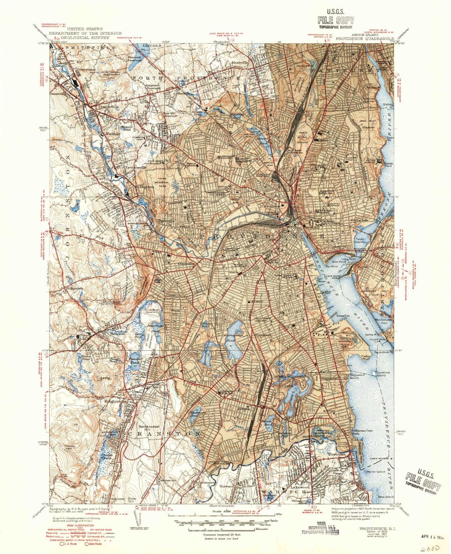 Classic USGS Providence Rhode Island 7.5'x7.5' Topo Map Image