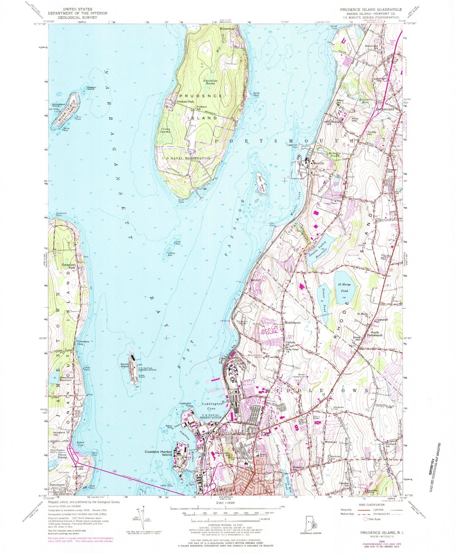 Classic USGS Prudence Island Rhode Island 7.5'x7.5' Topo Map Image