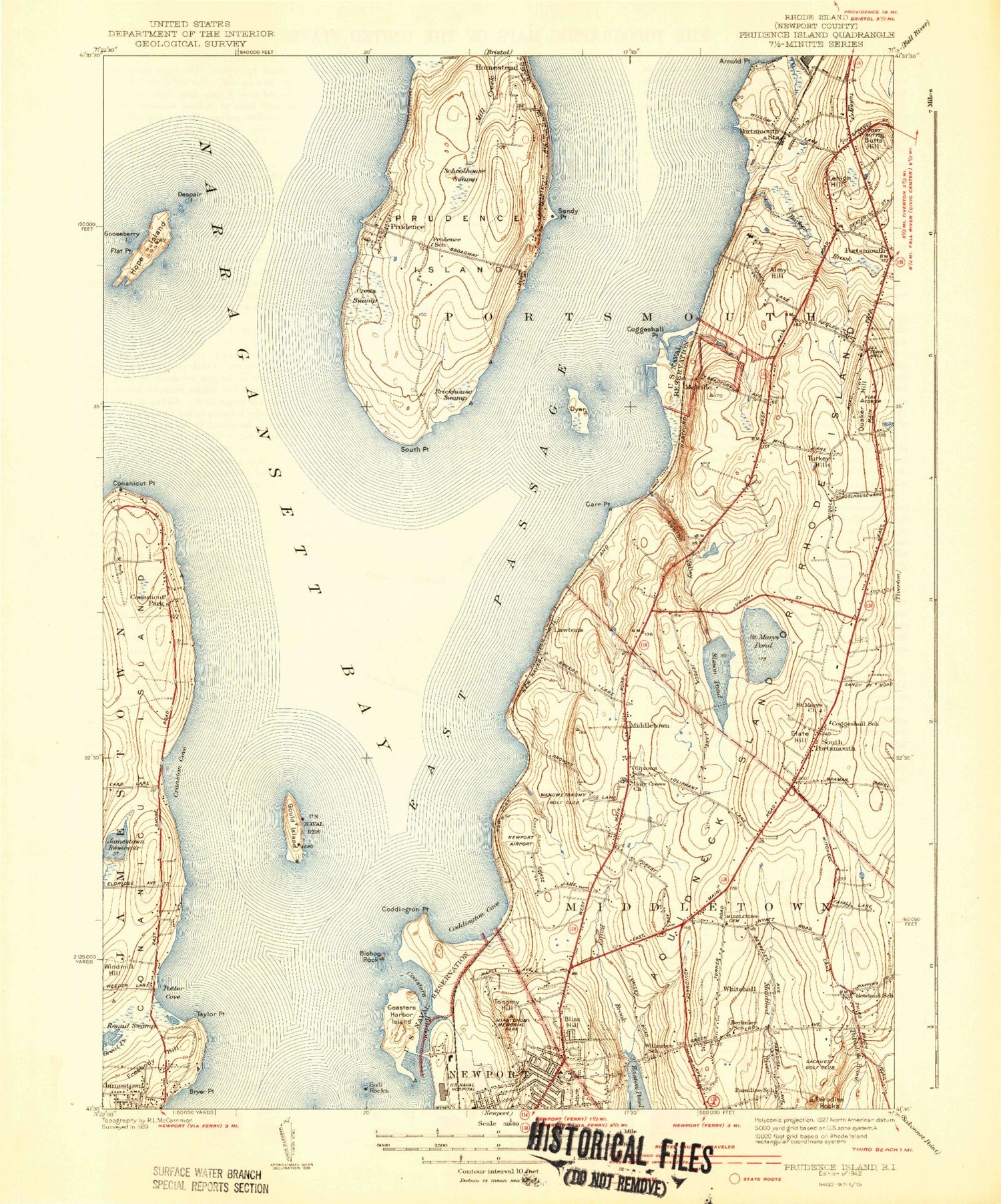 Classic USGS Prudence Island Rhode Island 7.5'x7.5' Topo Map Image