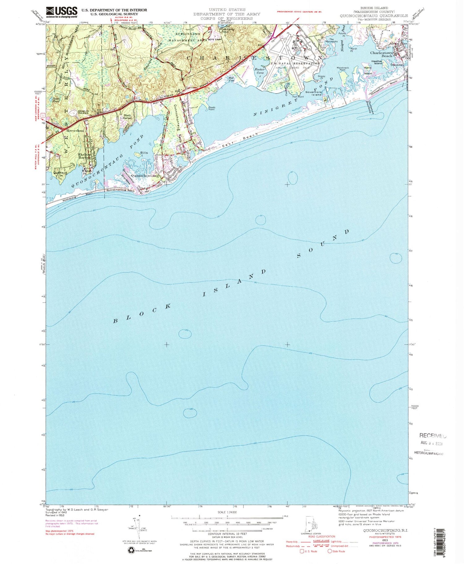 Classic USGS Quonochontaug Rhode Island 7.5'x7.5' Topo Map Image