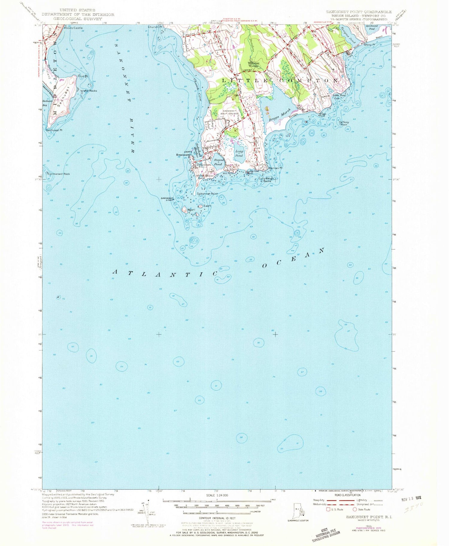 Classic USGS Sakonnet Point Rhode Island 7.5'x7.5' Topo Map Image
