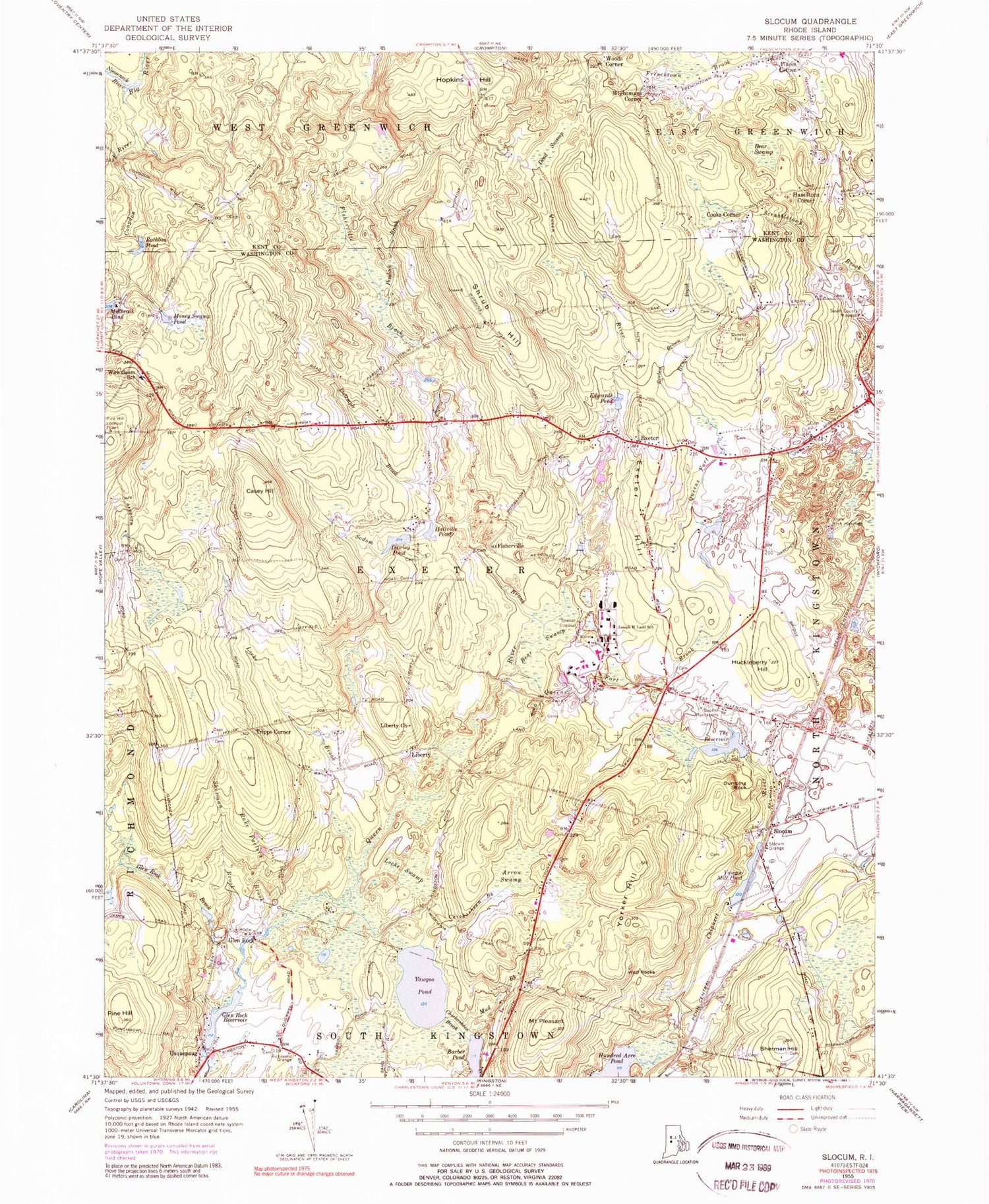 Classic USGS Slocum Rhode Island 7.5'x7.5' Topo Map Image