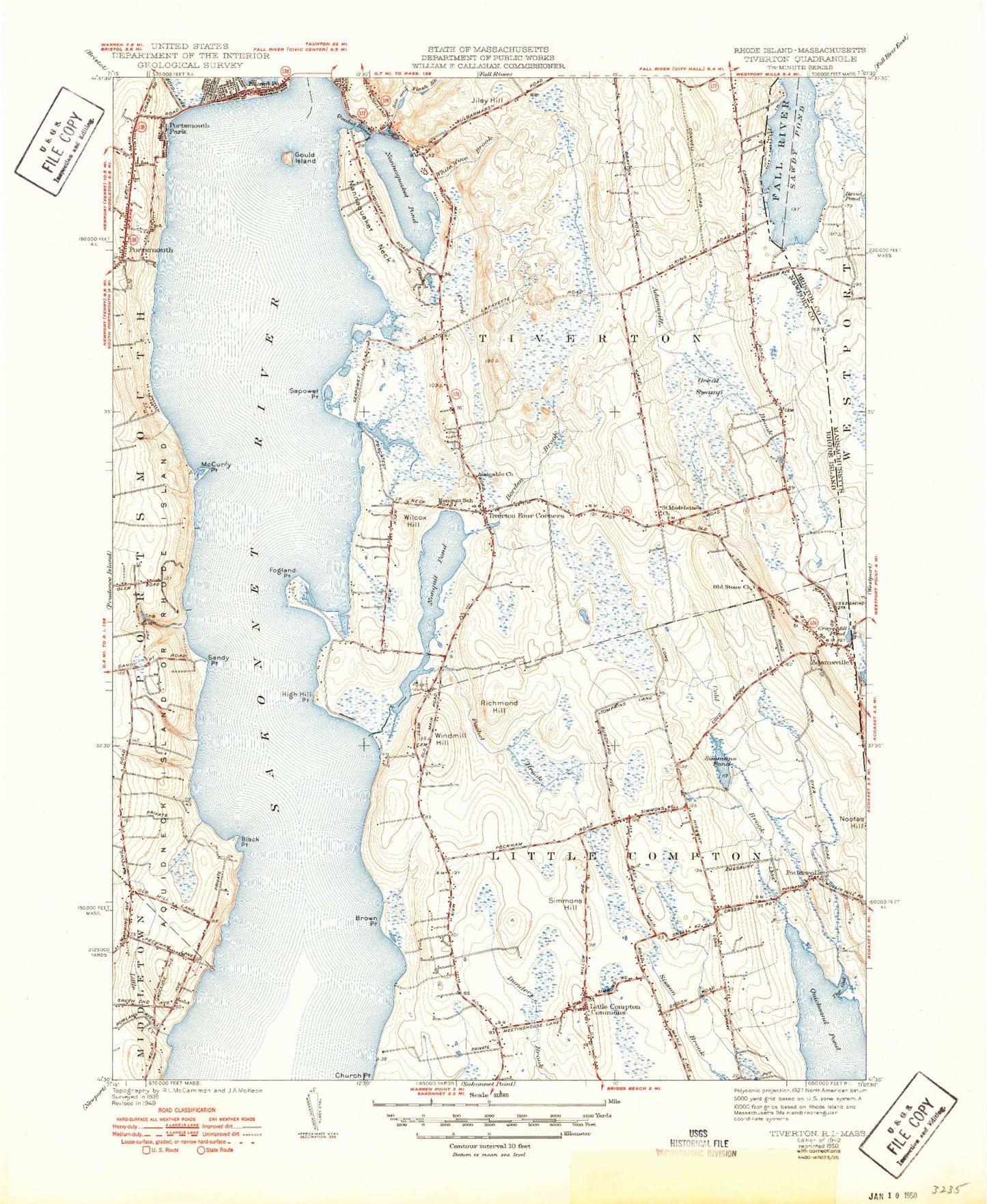 Classic USGS Tiverton Rhode Island 7.5'x7.5' Topo Map Image