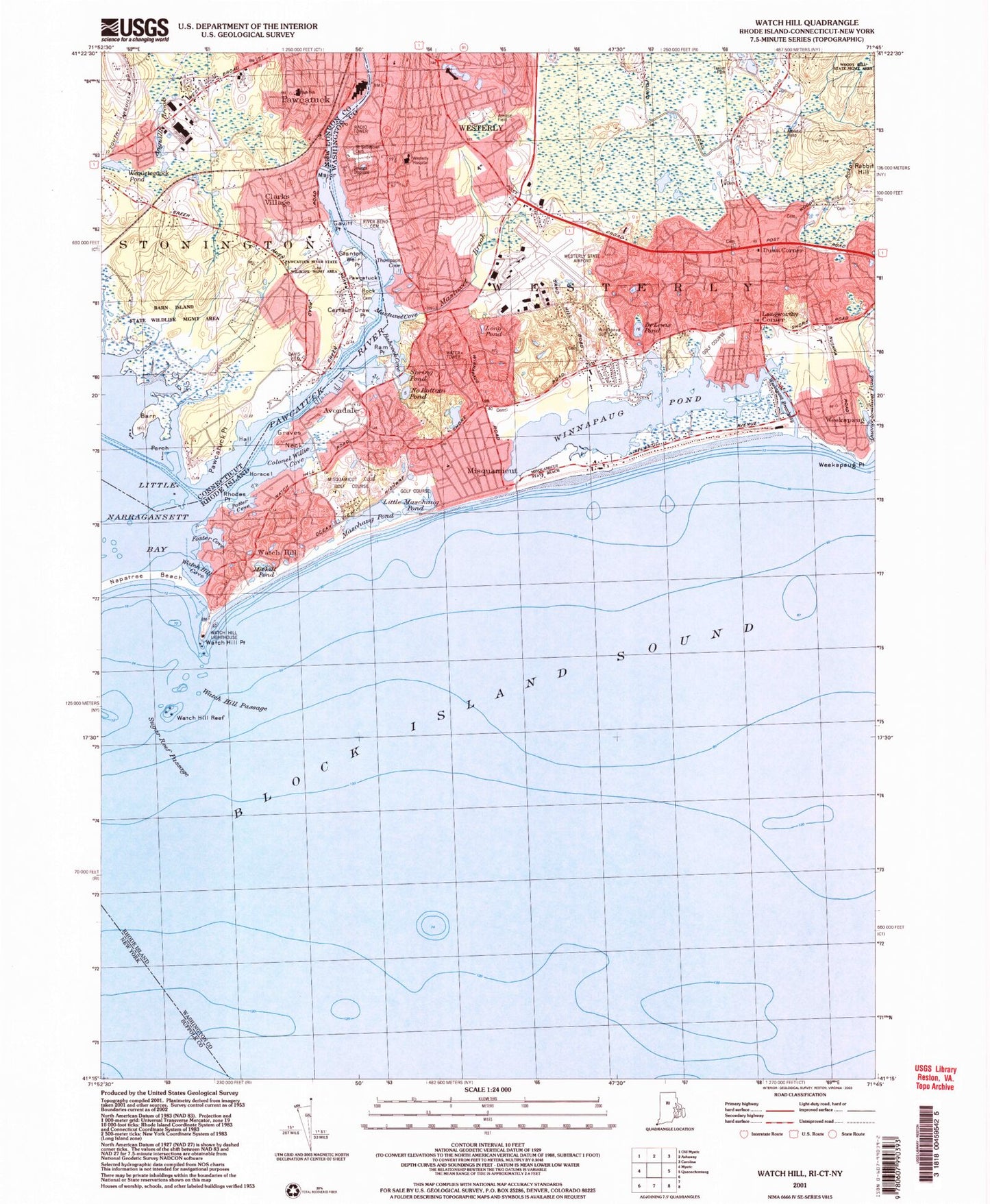 Classic USGS Watch Hill Rhode Island 7.5'x7.5' Topo Map Image