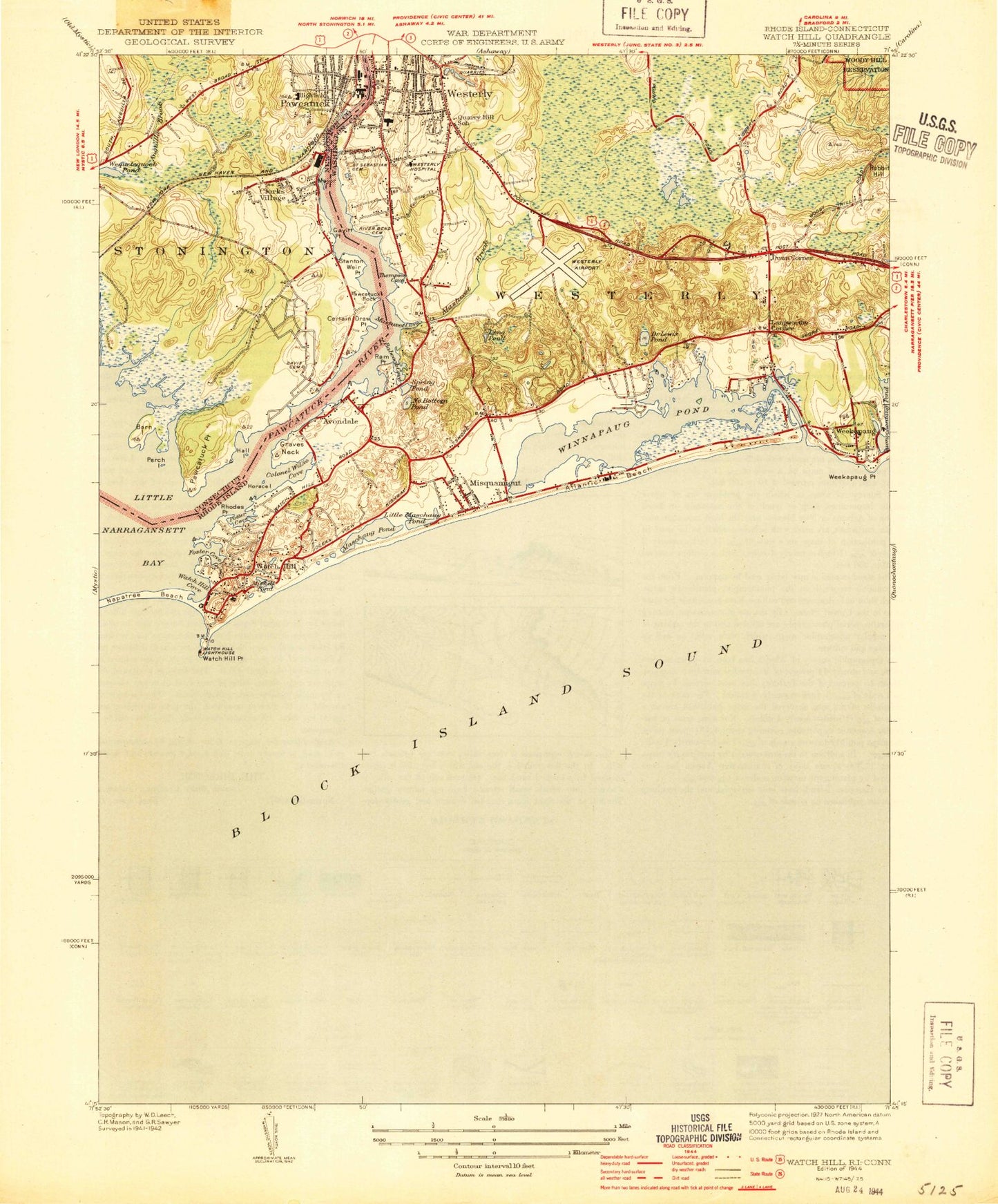 Classic USGS Watch Hill Rhode Island 7.5'x7.5' Topo Map Image
