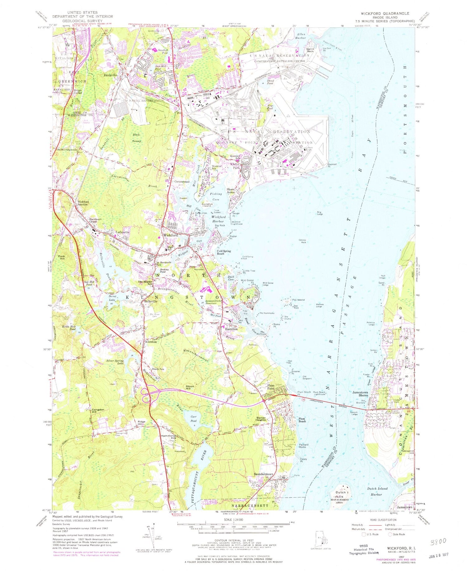 Classic USGS Wickford Rhode Island 7.5'x7.5' Topo Map Image