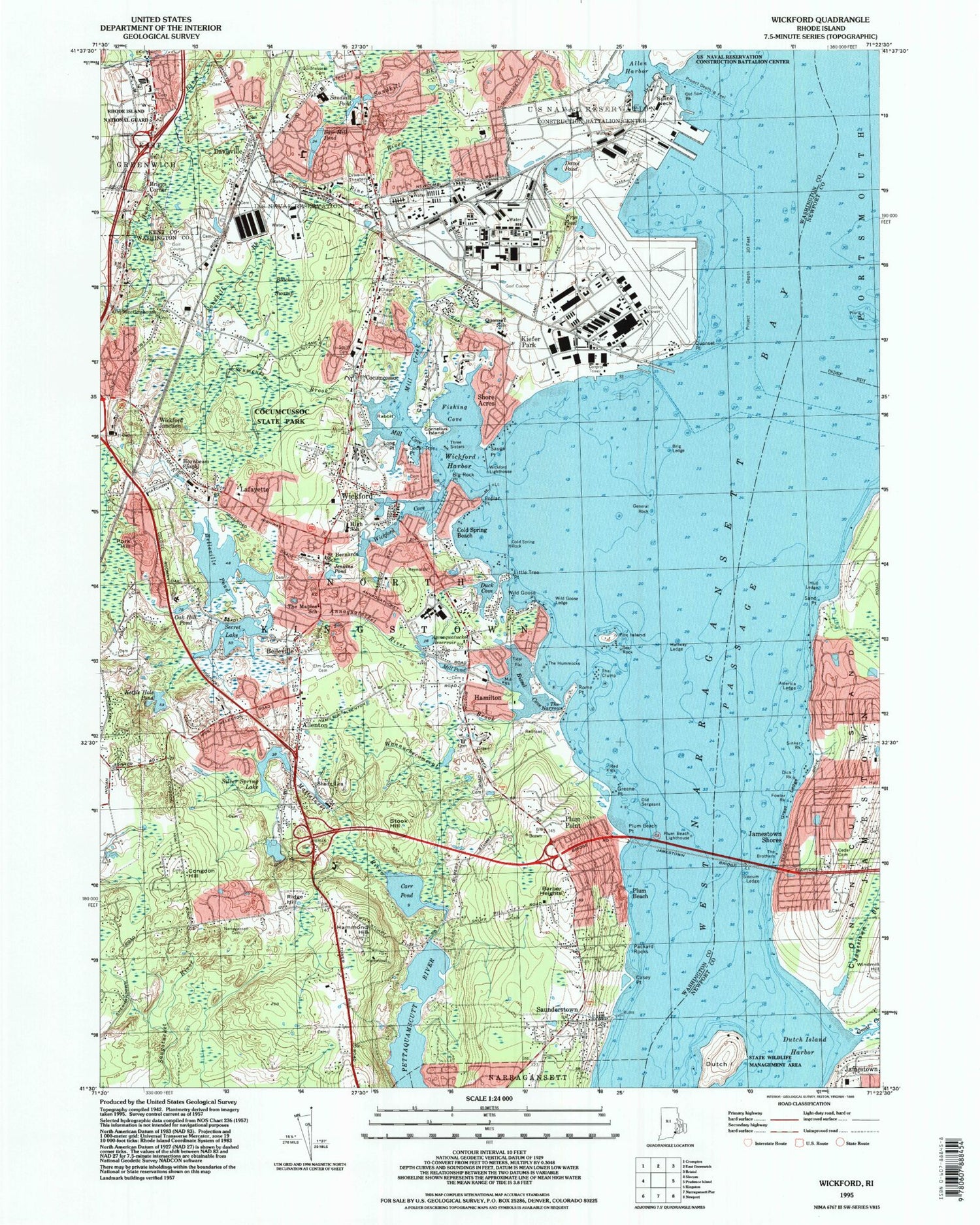 Classic USGS Wickford Rhode Island 7.5'x7.5' Topo Map Image
