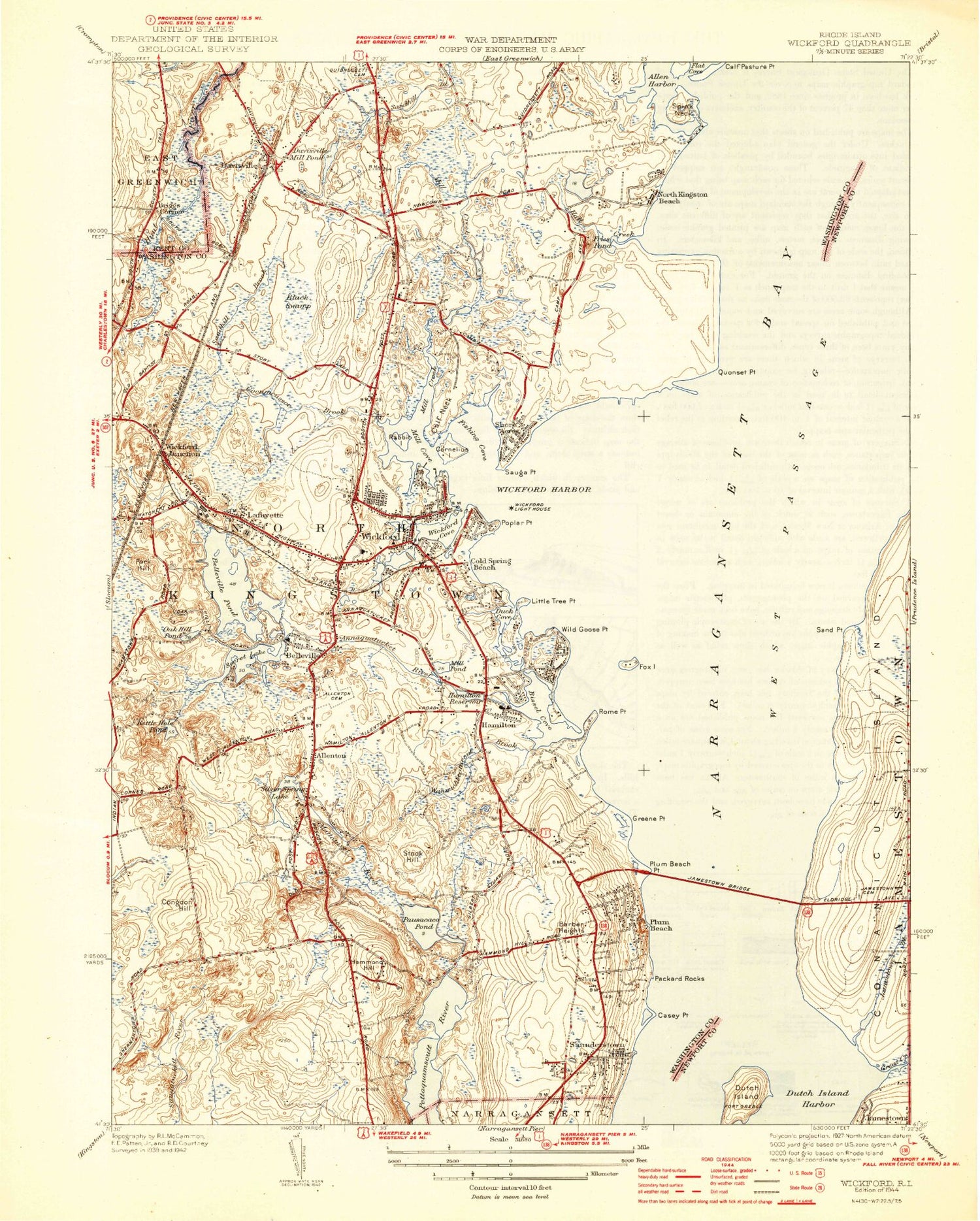 Classic USGS Wickford Rhode Island 7.5'x7.5' Topo Map Image