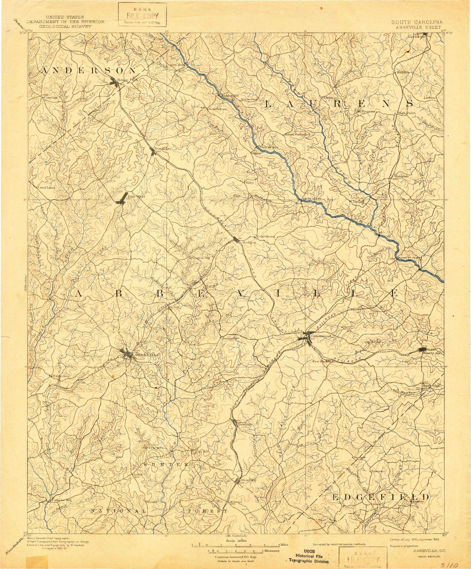 Historic 1892 Abbeville South Carolina 30'x30' Topo Map Image