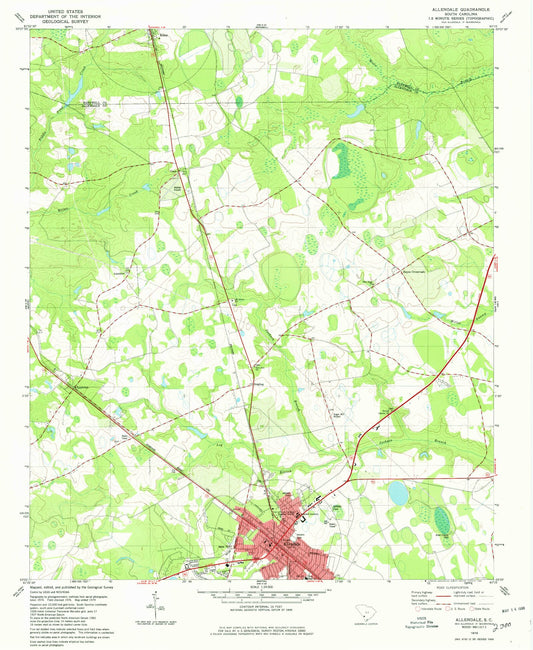 Classic USGS Allendale South Carolina 7.5'x7.5' Topo Map Image