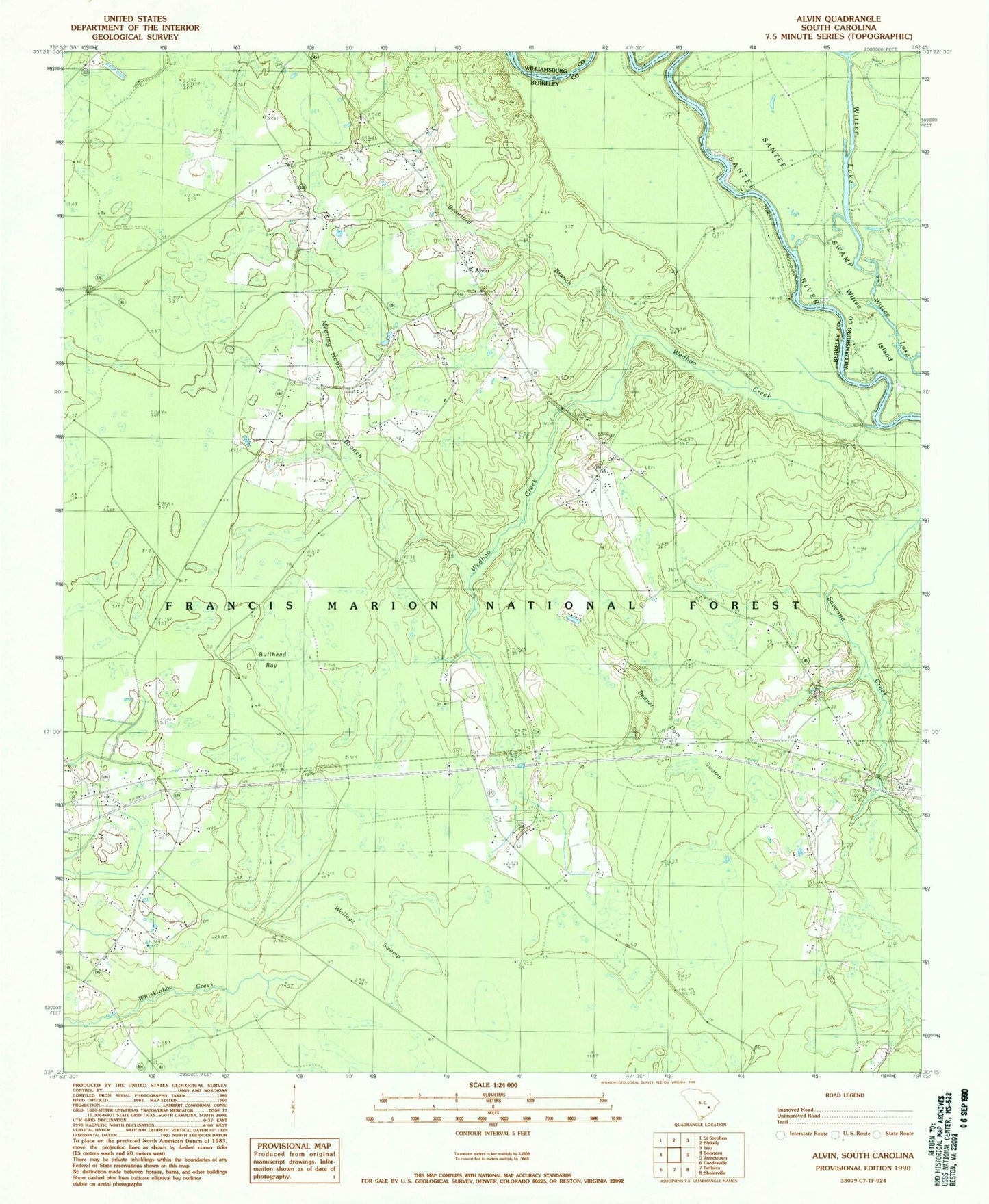 Classic USGS Alvin South Carolina 7.5'x7.5' Topo Map Image