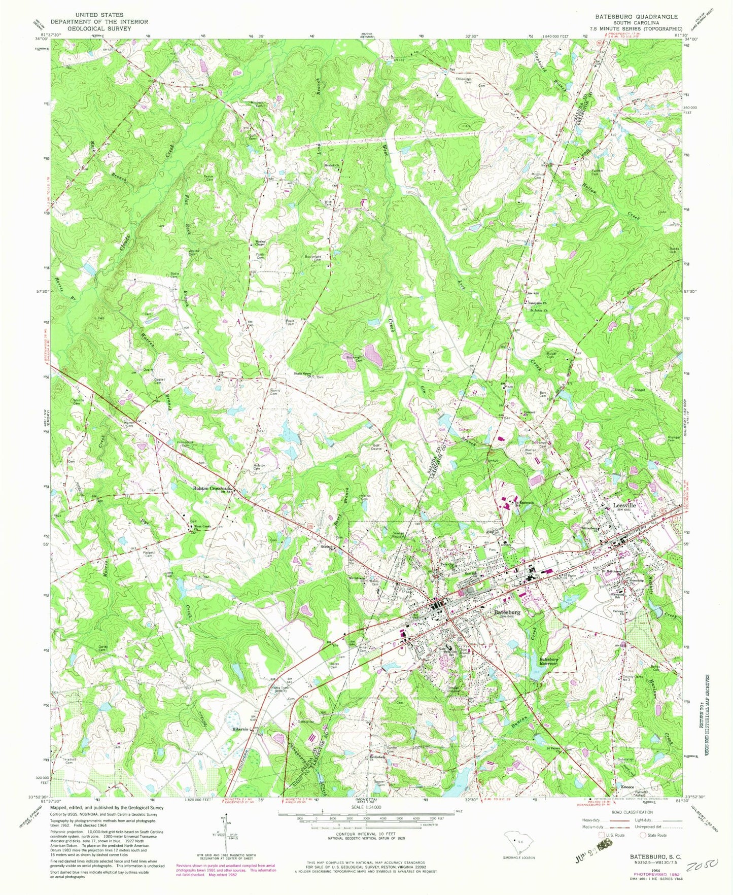 Classic USGS Batesburg South Carolina 7.5'x7.5' Topo Map Image
