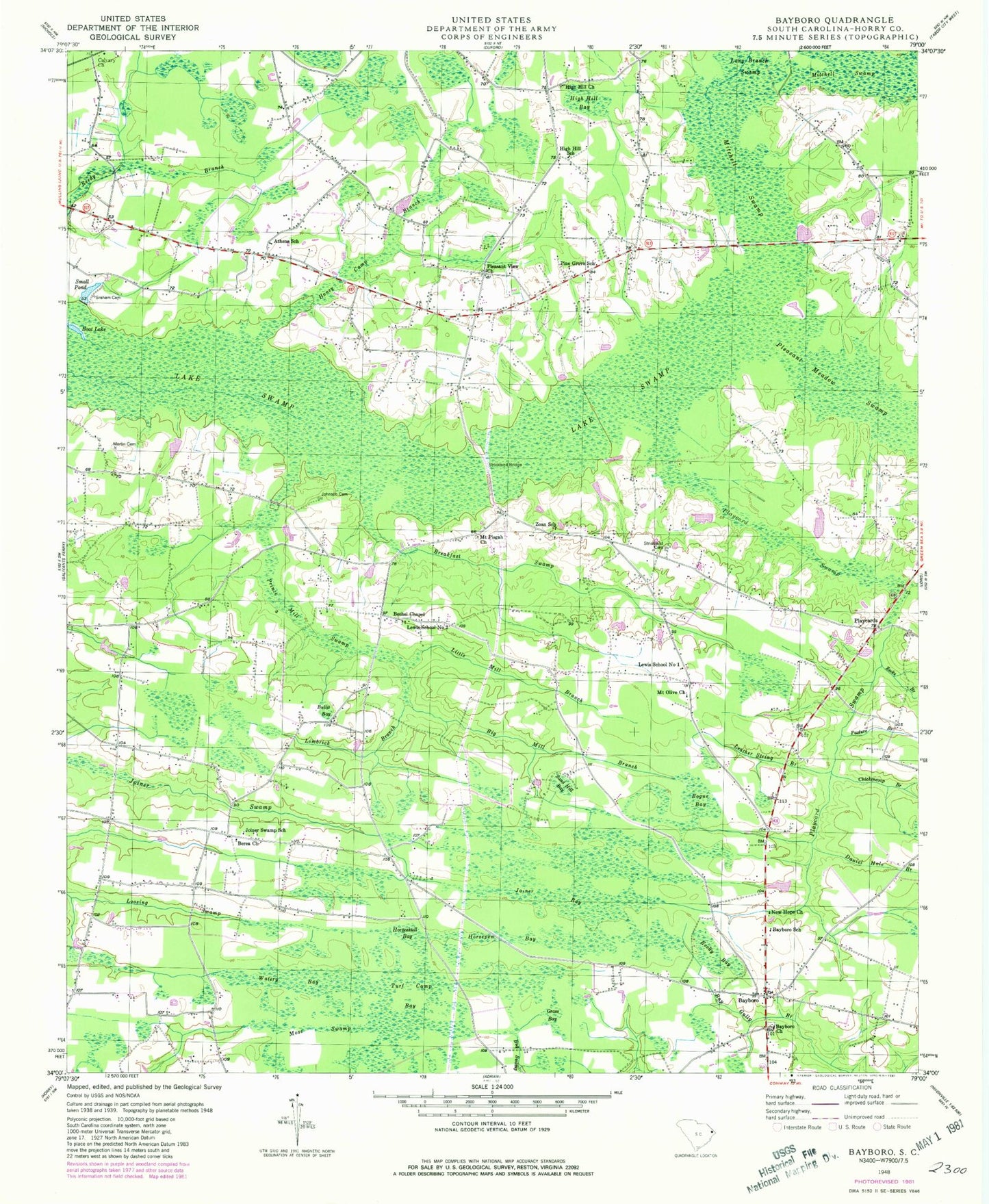 Classic USGS Bayboro South Carolina 7.5'x7.5' Topo Map Image