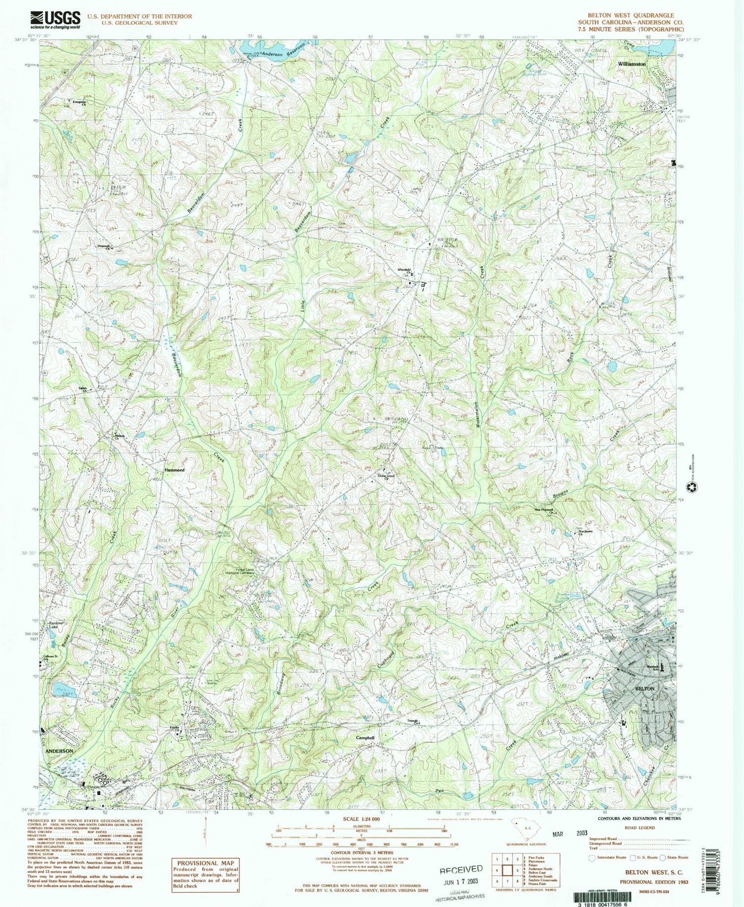 Classic USGS Belton West South Carolina 7.5'x7.5' Topo Map Image