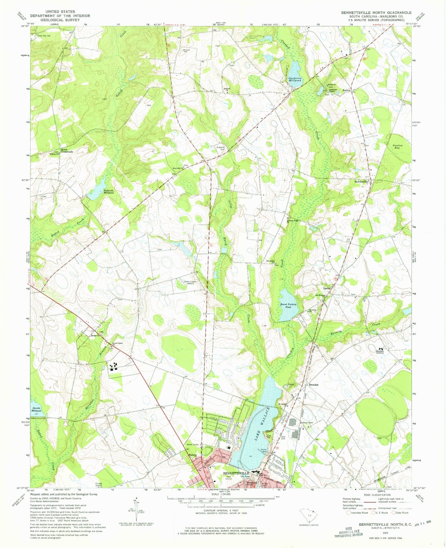 Classic USGS Bennettsville North South Carolina 7.5'x7.5' Topo Map Image