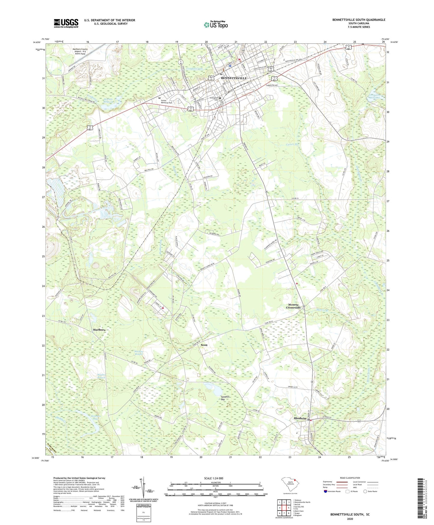 Bennettsville South South Carolina US Topo Map Image